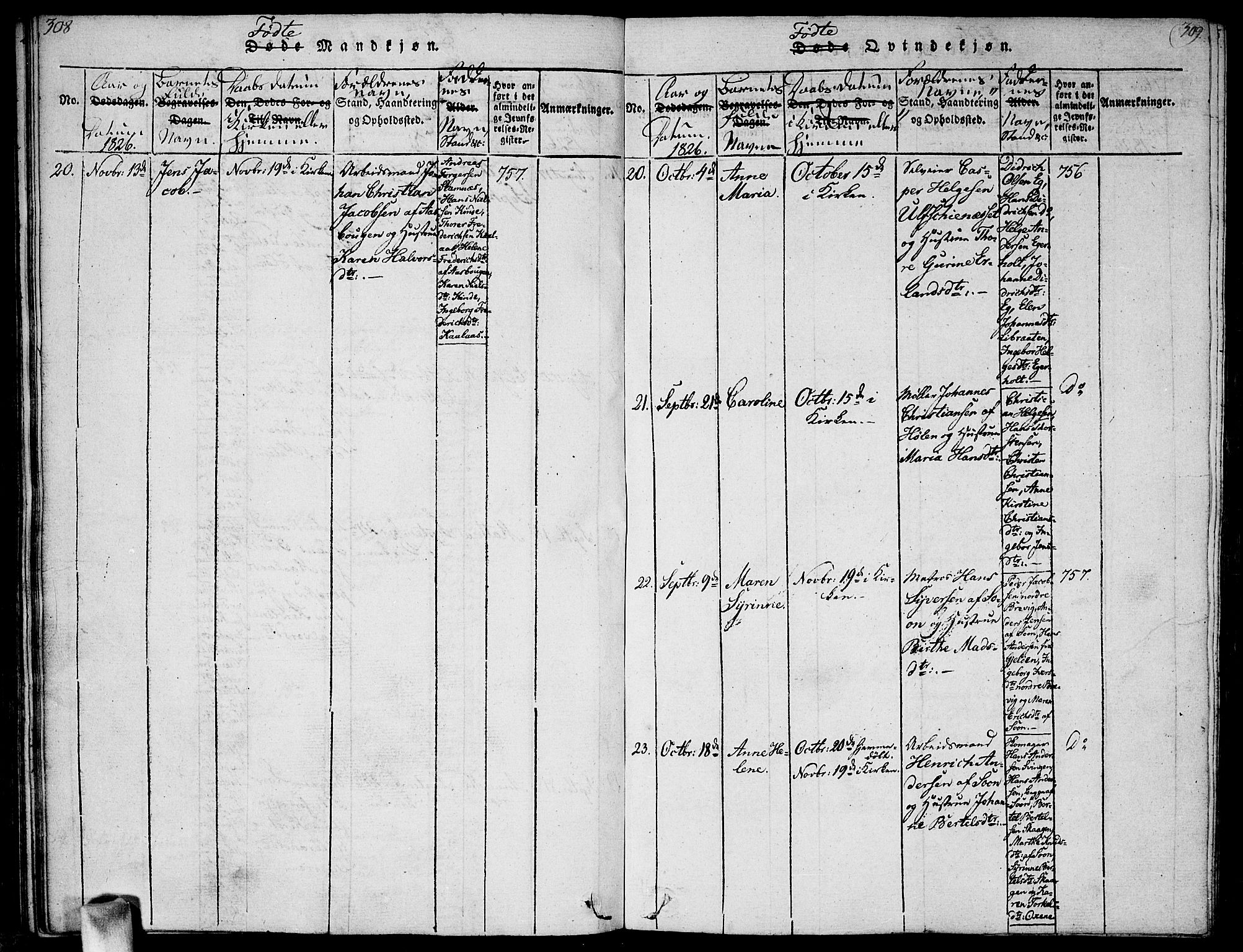 Vestby prestekontor Kirkebøker, AV/SAO-A-10893/G/Ga/L0001: Parish register (copy) no. I 1, 1814-1827, p. 308-309