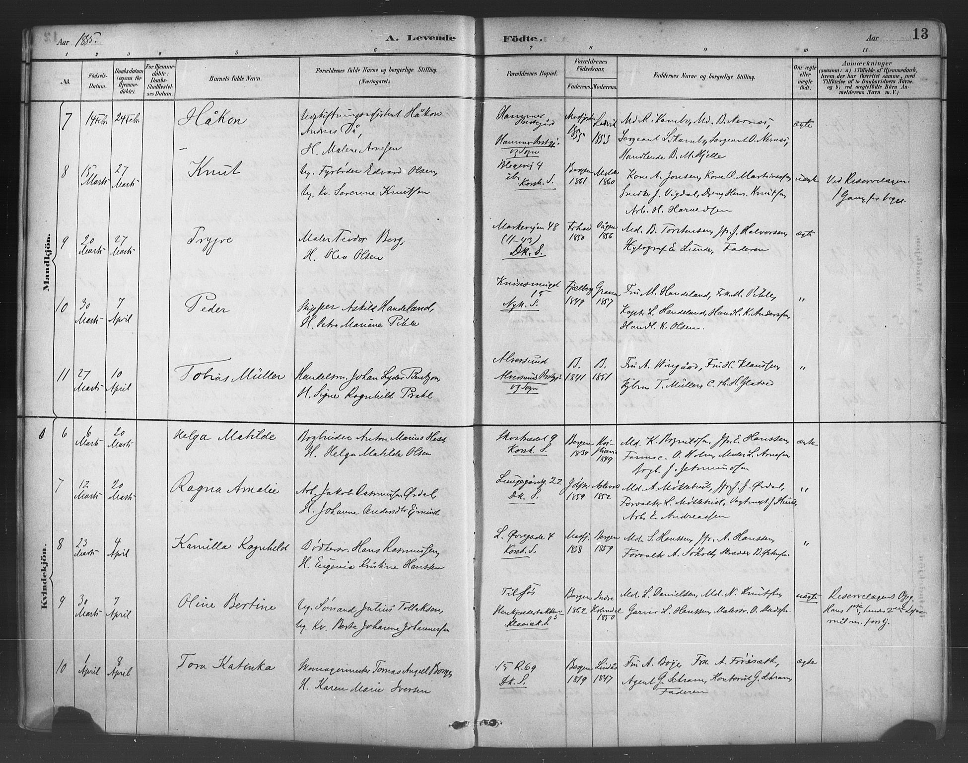 Fødselsstiftelsens sokneprestembete*, SAB/-: Parish register (official) no. A 2, 1884-1900, p. 13