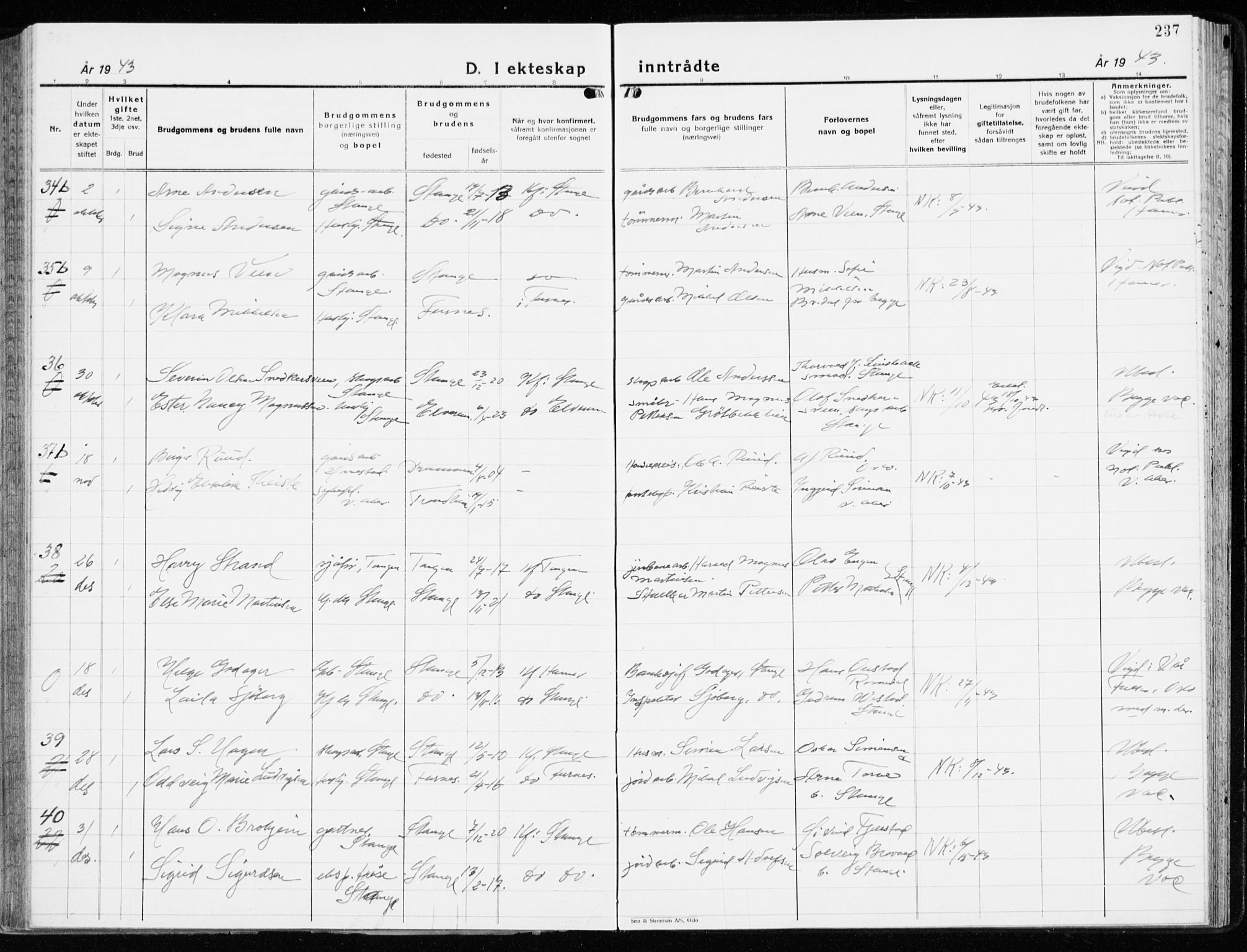 Stange prestekontor, AV/SAH-PREST-002/K/L0027: Parish register (official) no. 27, 1937-1947, p. 237