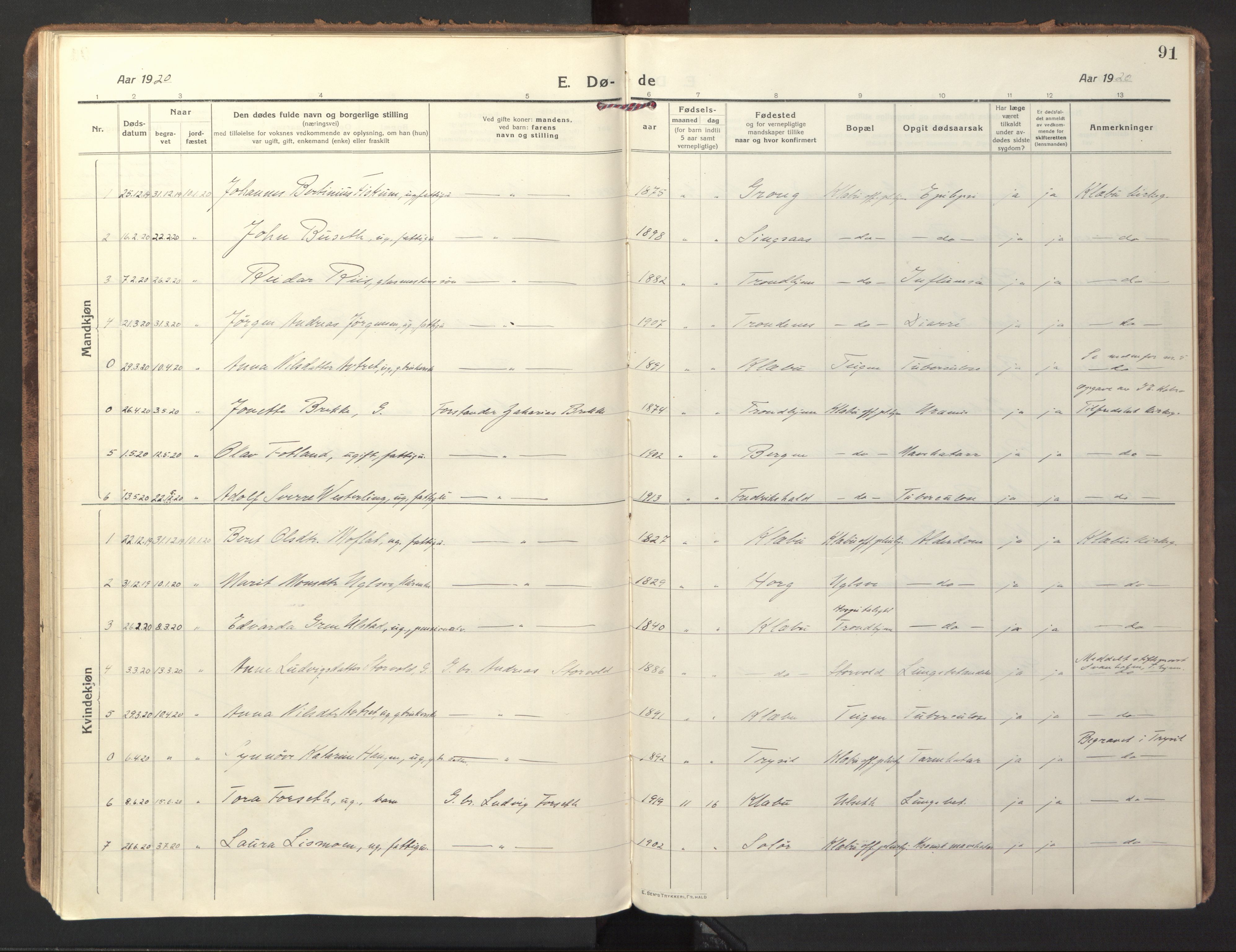 Ministerialprotokoller, klokkerbøker og fødselsregistre - Sør-Trøndelag, SAT/A-1456/618/L0449: Parish register (official) no. 618A12, 1917-1924, p. 91