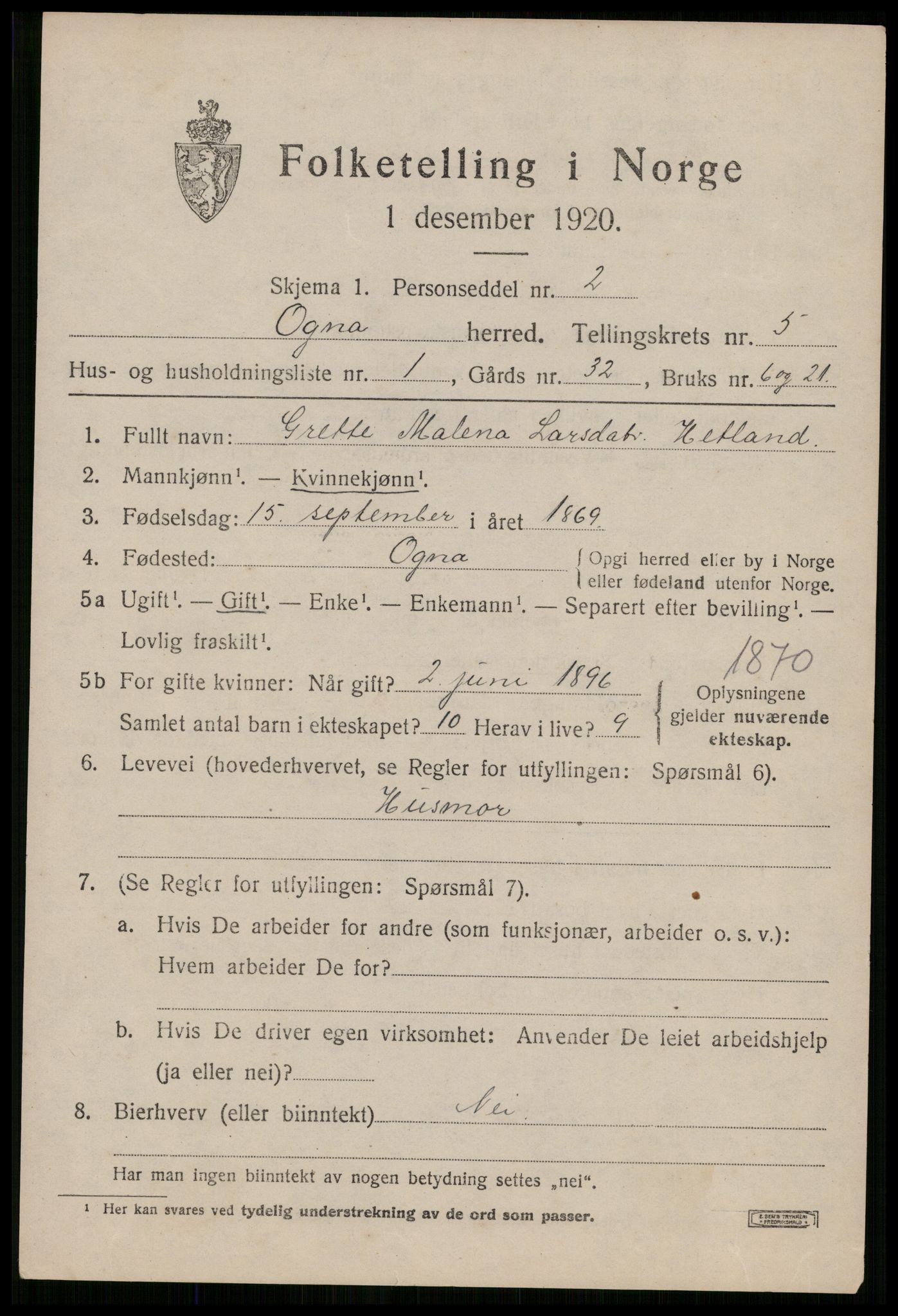 SAST, 1920 census for Ogna, 1920, p. 3007