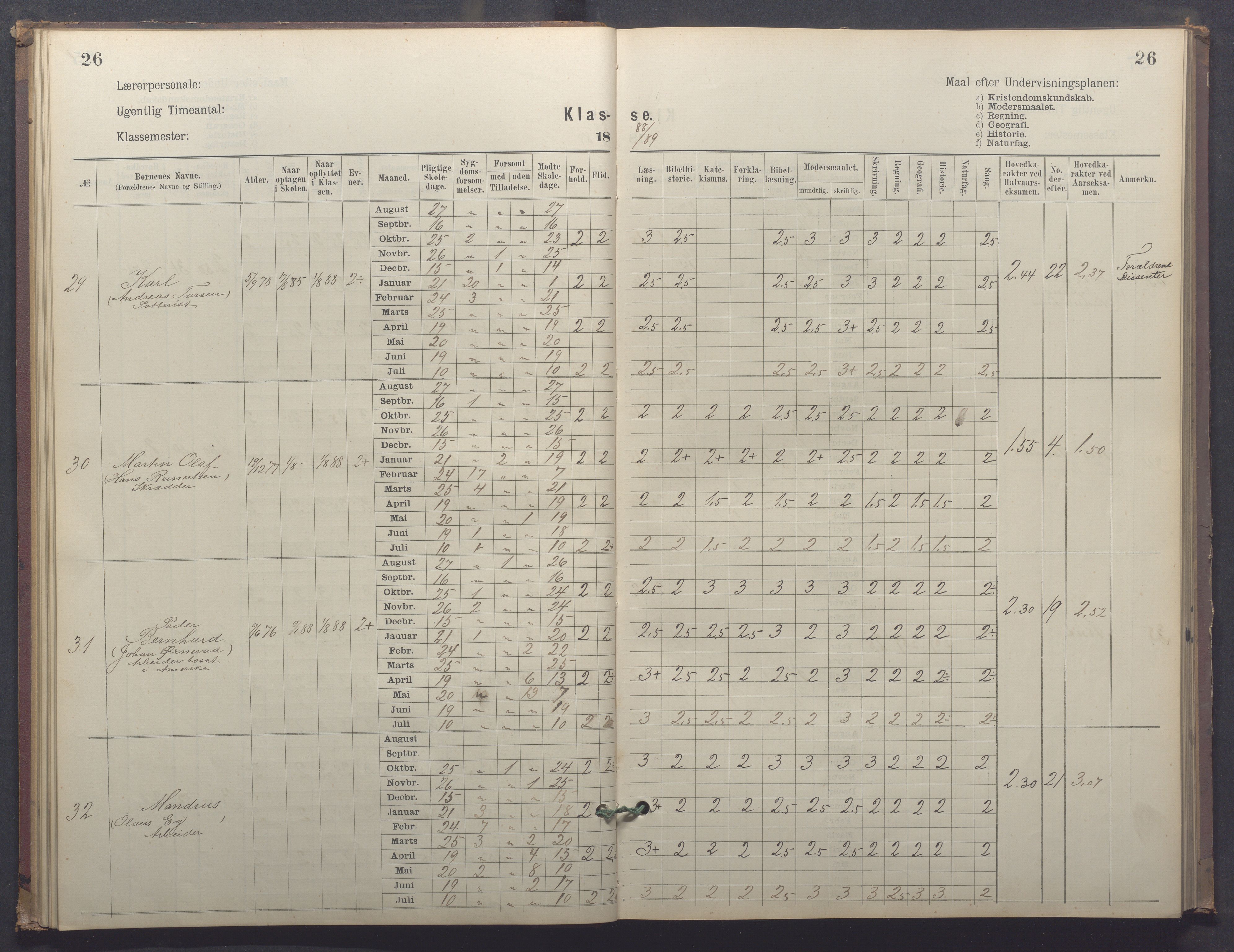 Egersund kommune (Ladested) - Egersund almueskole/folkeskole, IKAR/K-100521/H/L0025: Skoleprotokoll - Almueskolen, 4. klasse, 1887-1892, p. 26