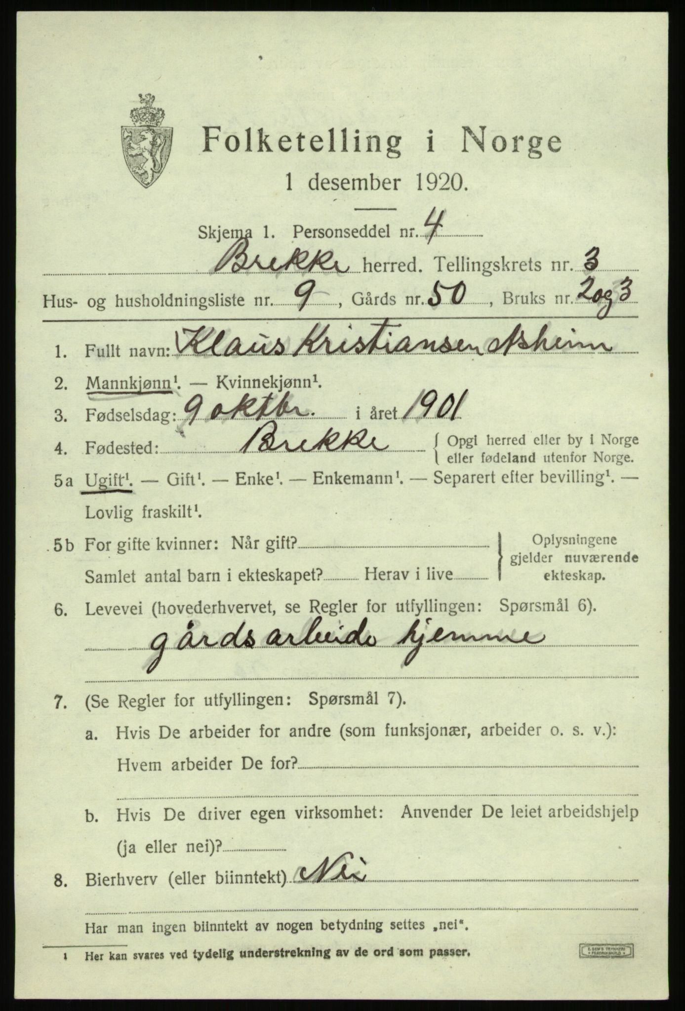 SAB, 1920 census for Brekke, 1920, p. 798