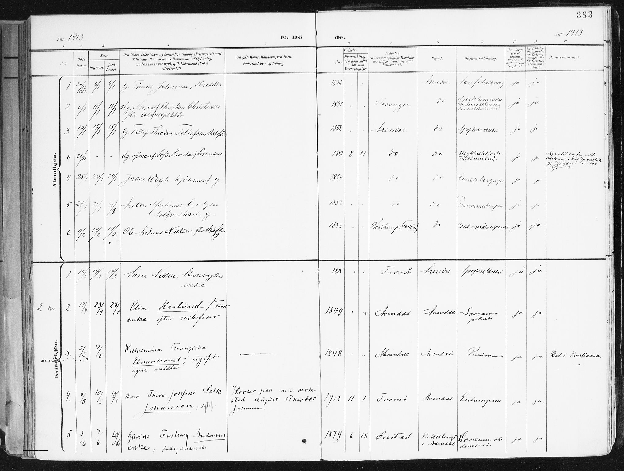 Arendal sokneprestkontor, Trefoldighet, SAK/1111-0040/F/Fa/L0010: Parish register (official) no. A 10, 1900-1919, p. 383