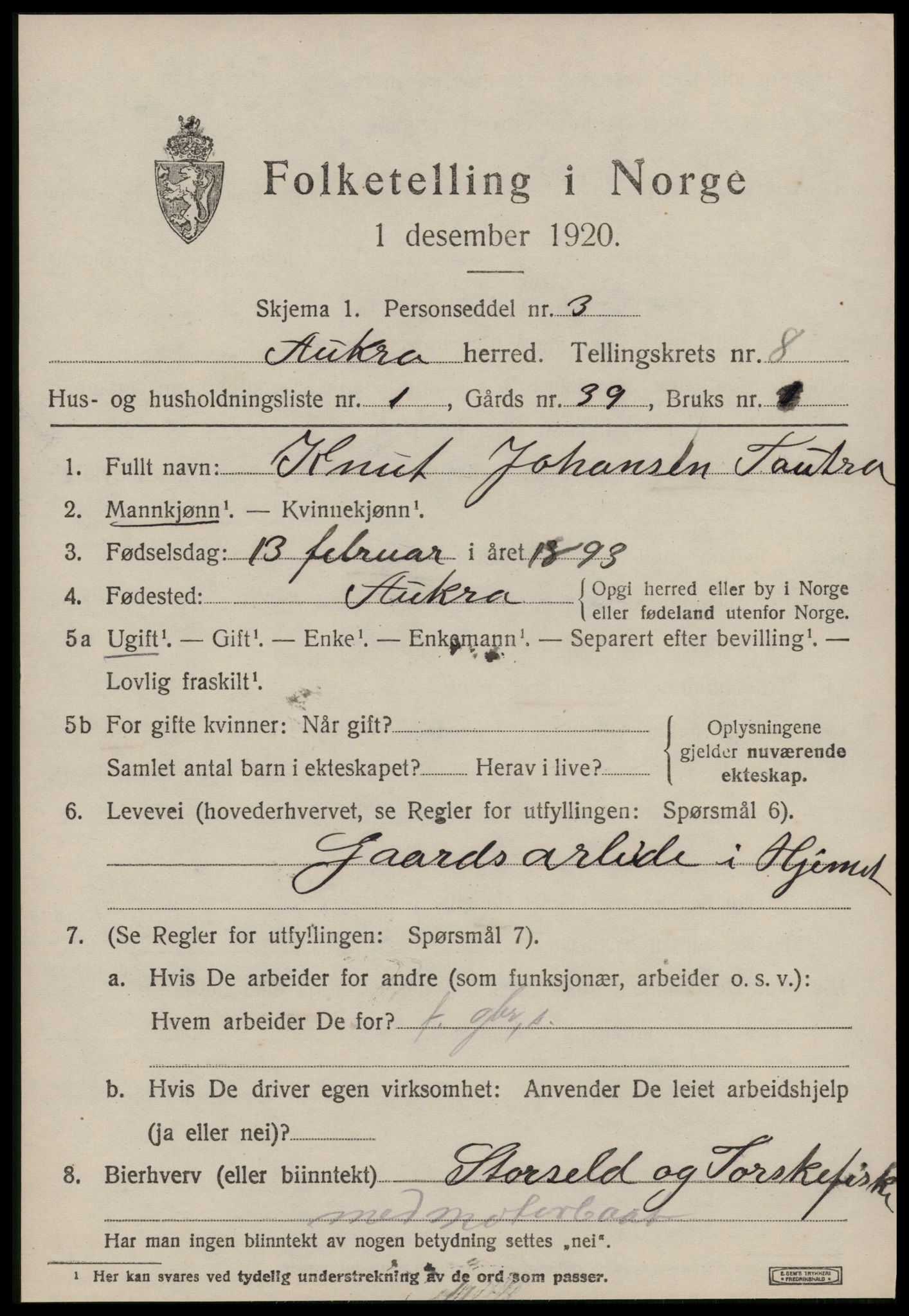 SAT, 1920 census for Aukra, 1920, p. 4473