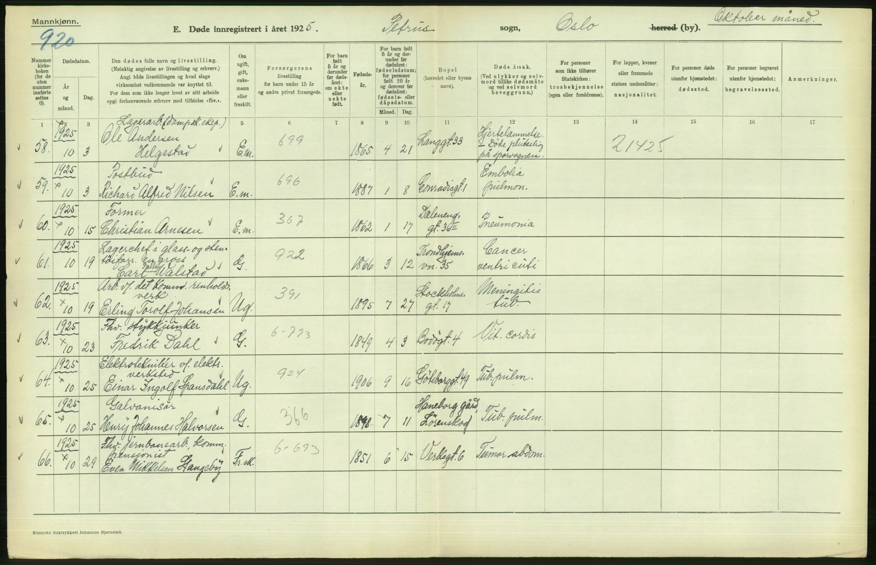 Statistisk sentralbyrå, Sosiodemografiske emner, Befolkning, AV/RA-S-2228/D/Df/Dfc/Dfce/L0009: Oslo: Døde menn, 1925, p. 22