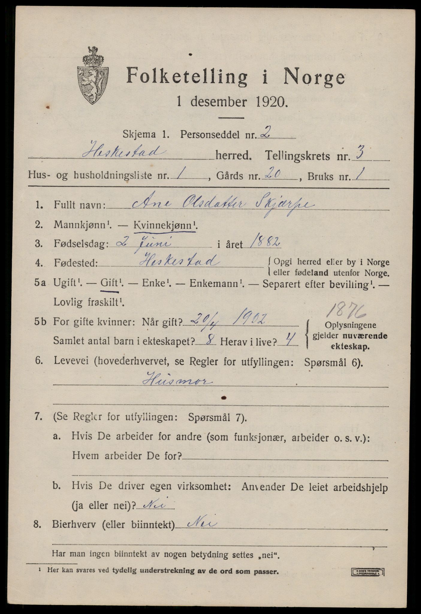 SAST, 1920 census for Heskestad, 1920, p. 939