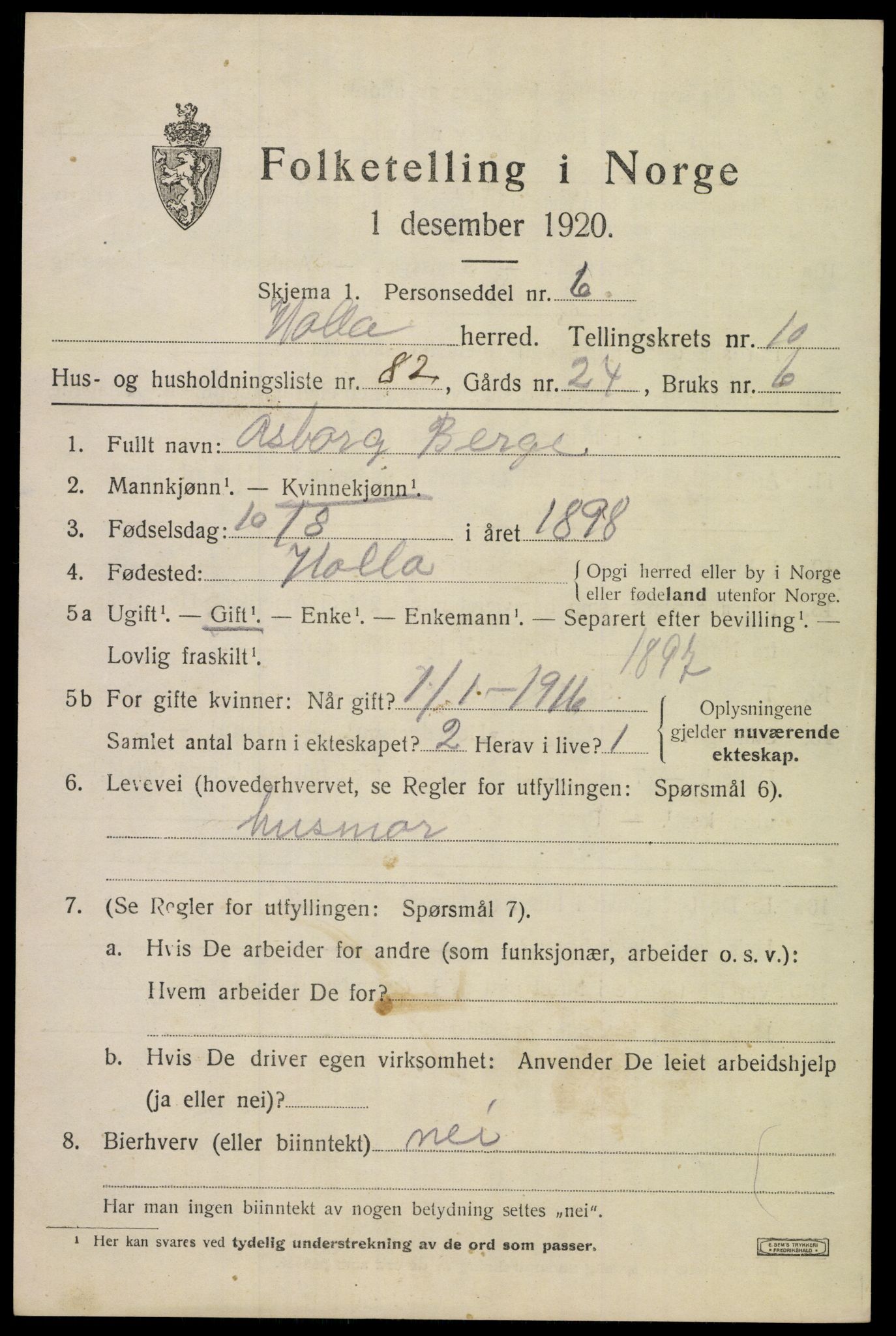 SAKO, 1920 census for Holla, 1920, p. 7113