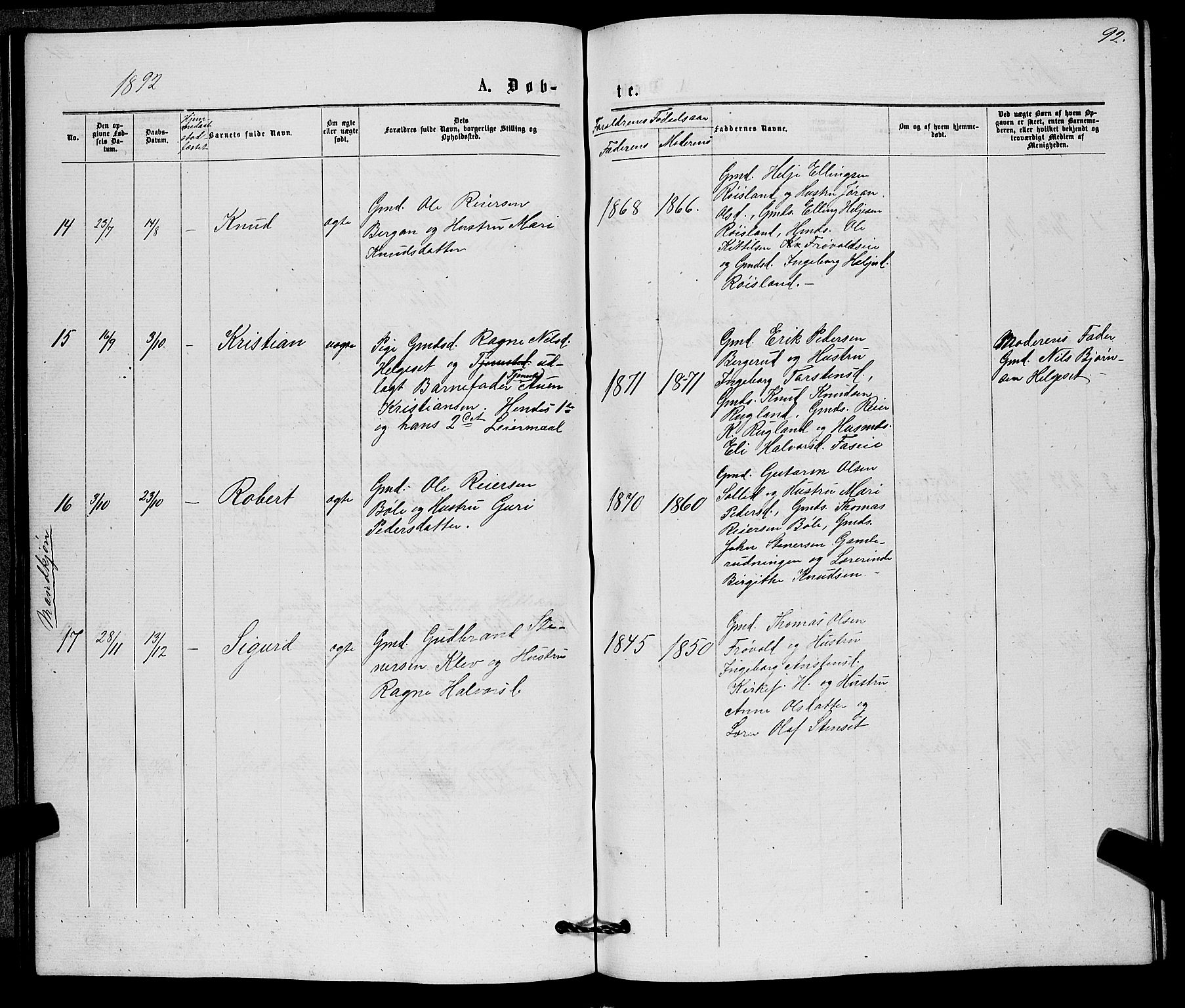 Sigdal kirkebøker, AV/SAKO-A-245/G/Gb/L0002: Parish register (copy) no. II 2, 1875-1900, p. 92