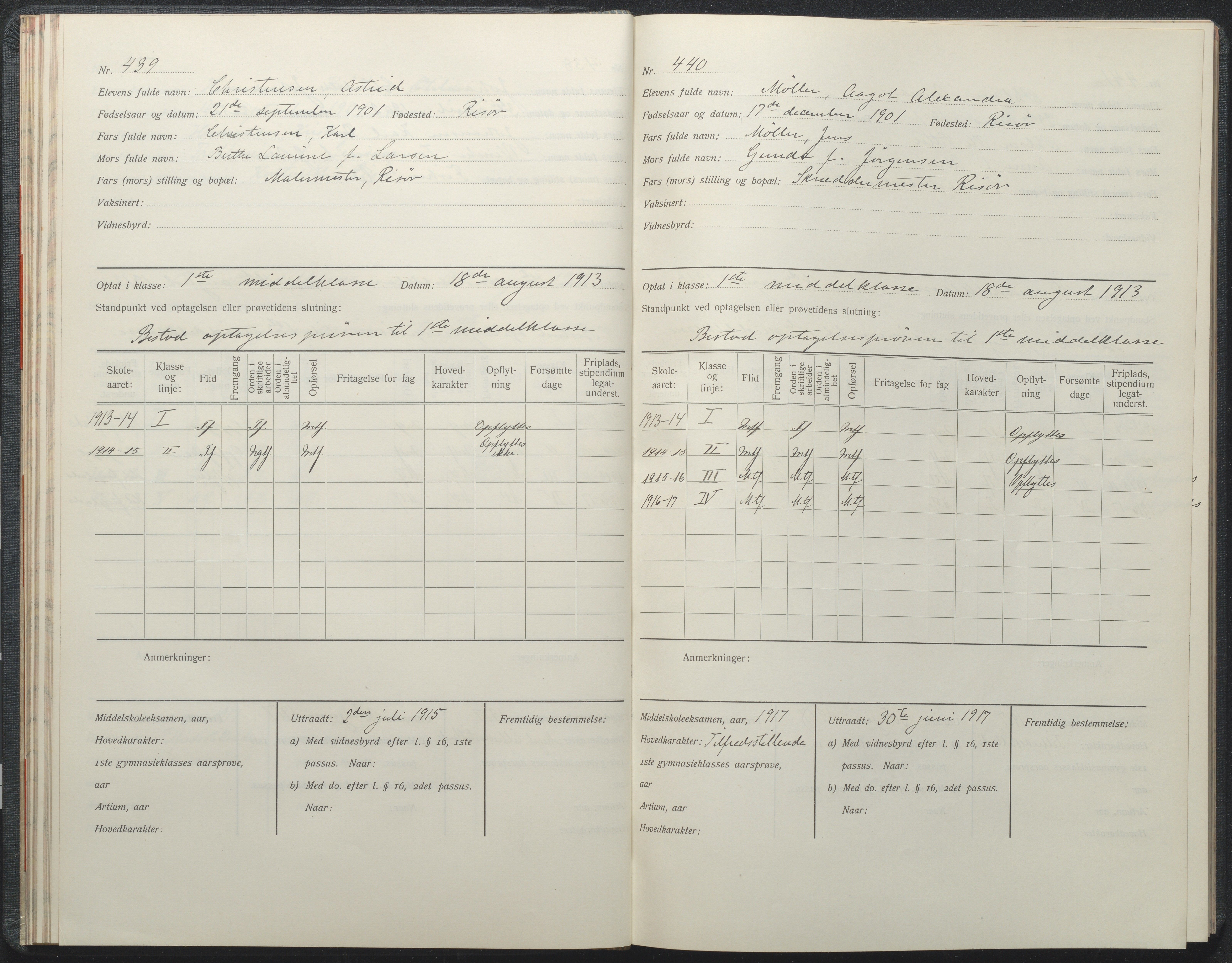 Risør kommune, AAKS/KA0901-PK/1/05/05i/L0002: Manntallsprotokoll, 1911-1925, p. 439-440