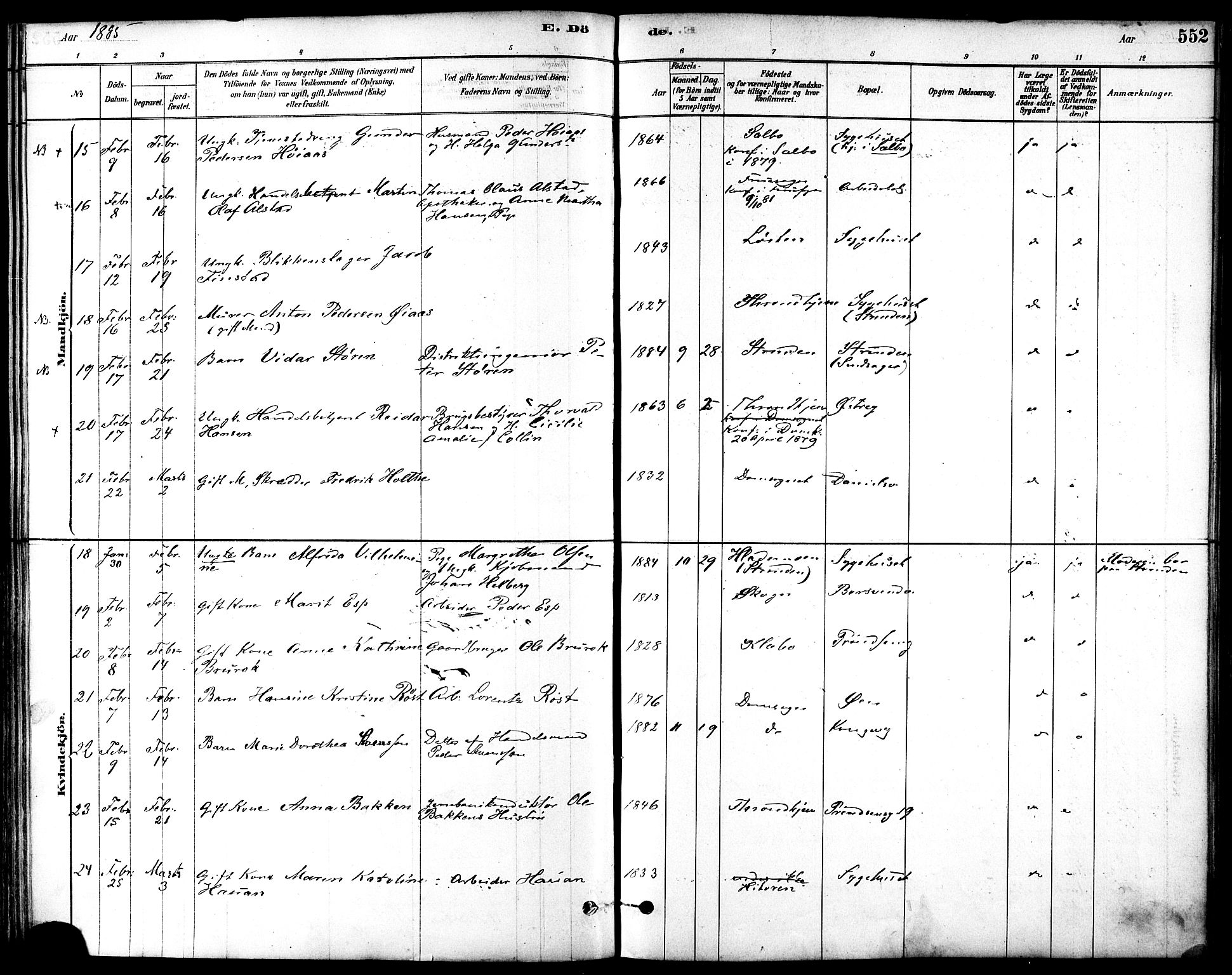 Ministerialprotokoller, klokkerbøker og fødselsregistre - Sør-Trøndelag, SAT/A-1456/601/L0058: Parish register (official) no. 601A26, 1877-1891, p. 552