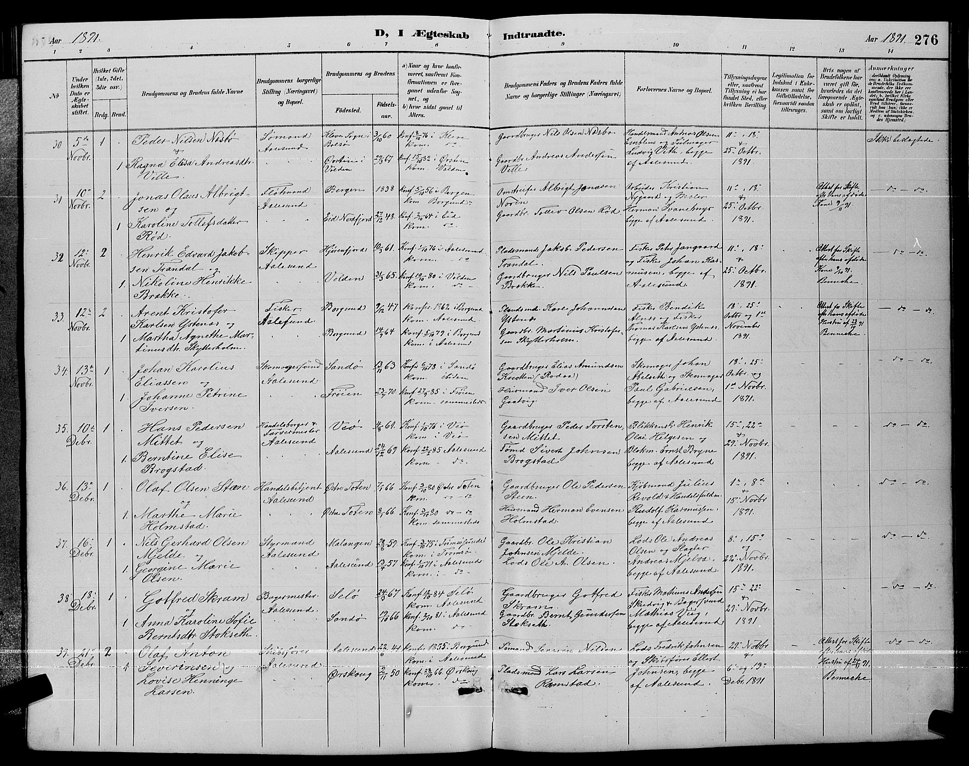 Ministerialprotokoller, klokkerbøker og fødselsregistre - Møre og Romsdal, AV/SAT-A-1454/529/L0467: Parish register (copy) no. 529C04, 1889-1897, p. 276