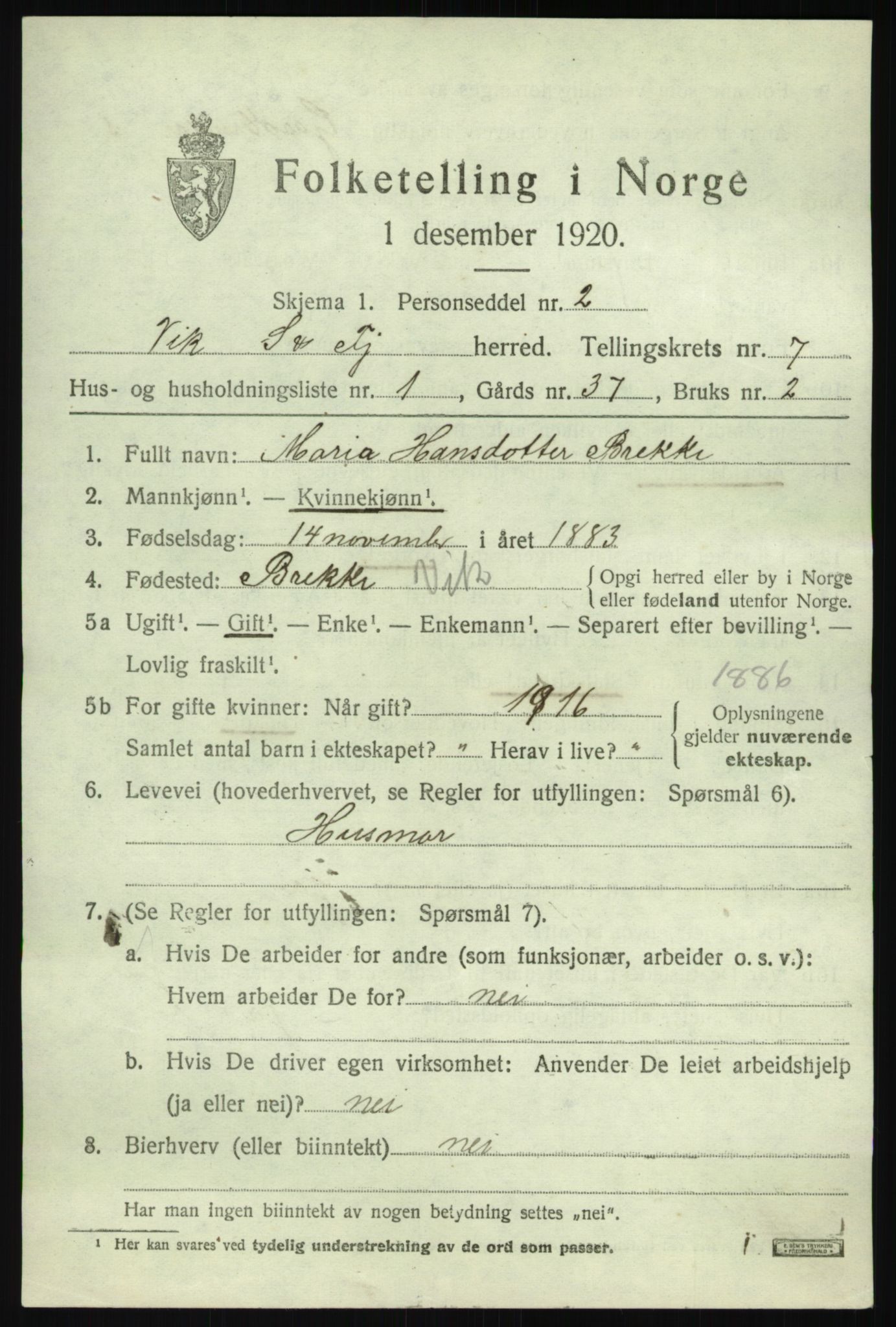 SAB, 1920 census for Vik, 1920, p. 4793