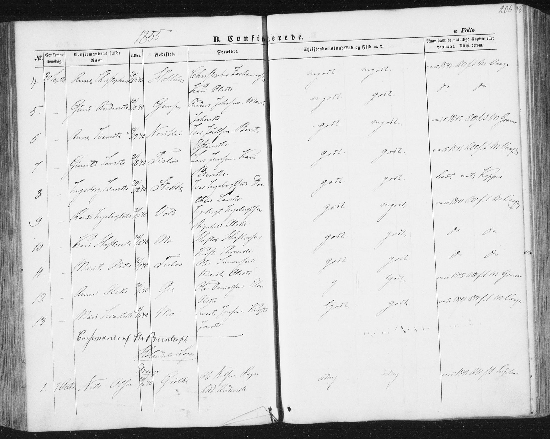 Ministerialprotokoller, klokkerbøker og fødselsregistre - Sør-Trøndelag, AV/SAT-A-1456/691/L1076: Parish register (official) no. 691A08, 1852-1861, p. 206