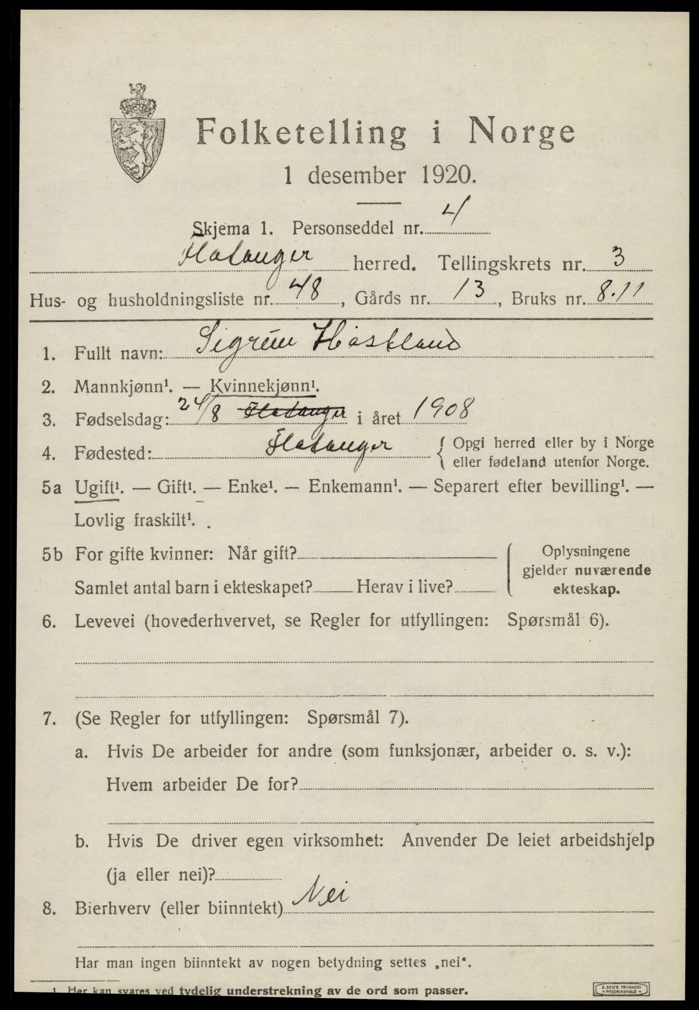 SAT, 1920 census for Flatanger, 1920, p. 2170