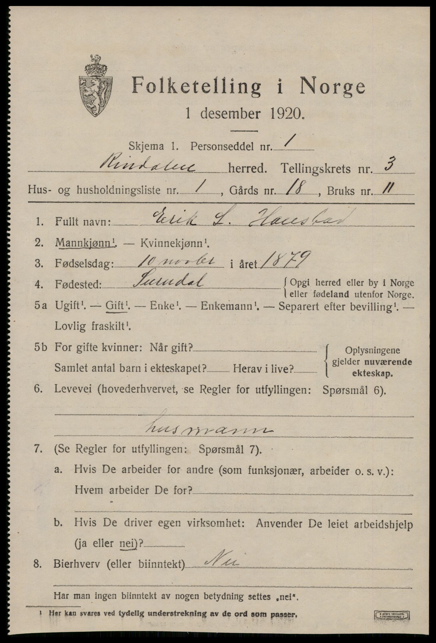 SAT, 1920 census for Rindal, 1920, p. 1604