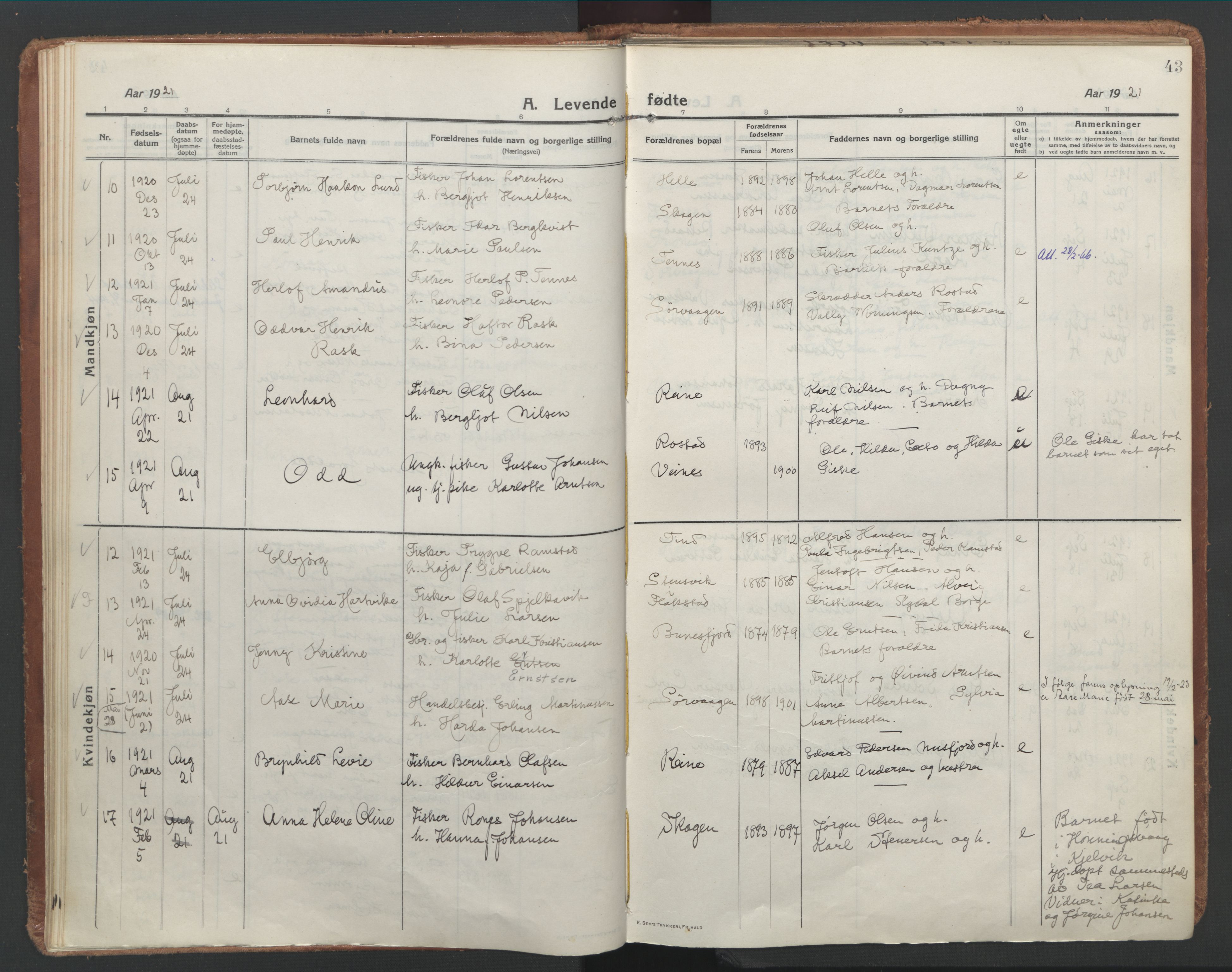 Ministerialprotokoller, klokkerbøker og fødselsregistre - Nordland, SAT/A-1459/886/L1222: Parish register (official) no. 886A04, 1914-1926, p. 43