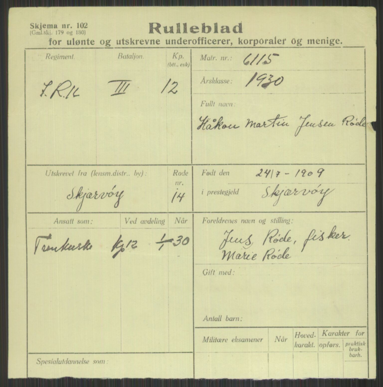 Forsvaret, Troms infanteriregiment nr. 16, AV/RA-RAFA-3146/P/Pa/L0014: Rulleblad for regimentets menige mannskaper, årsklasse 1930, 1930, p. 929