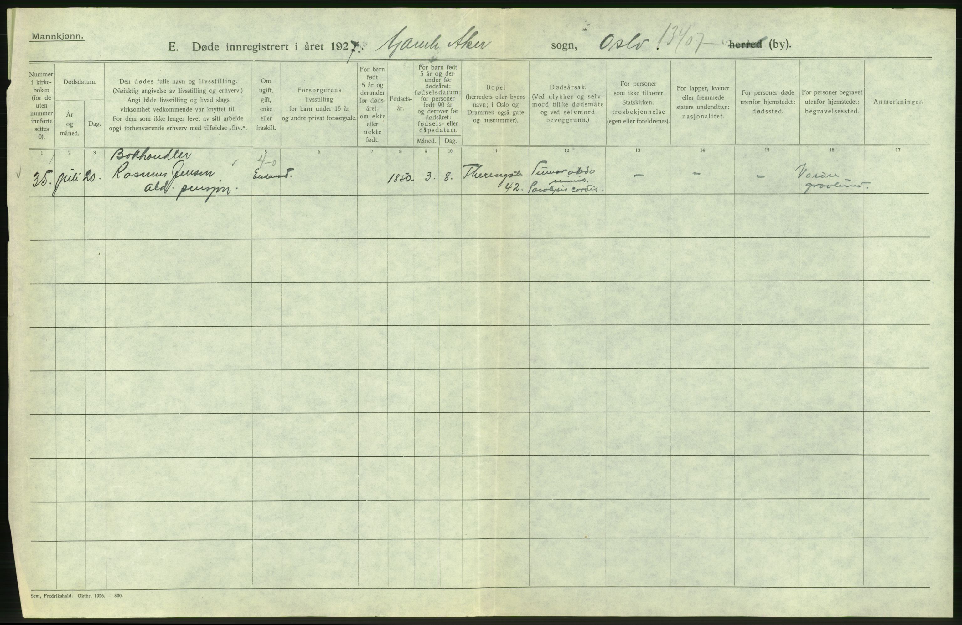 Statistisk sentralbyrå, Sosiodemografiske emner, Befolkning, AV/RA-S-2228/D/Df/Dfc/Dfcg/L0009: Oslo: Døde menn, 1927, p. 202