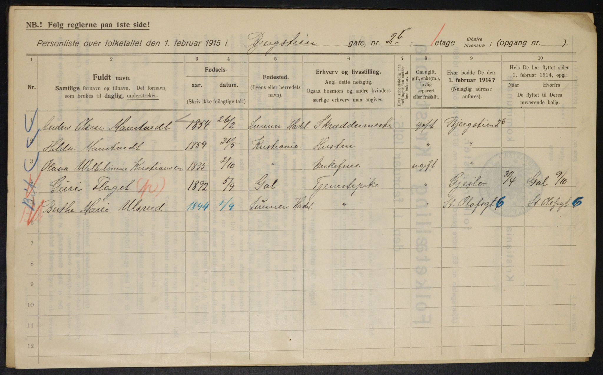 OBA, Municipal Census 1915 for Kristiania, 1915, p. 4377