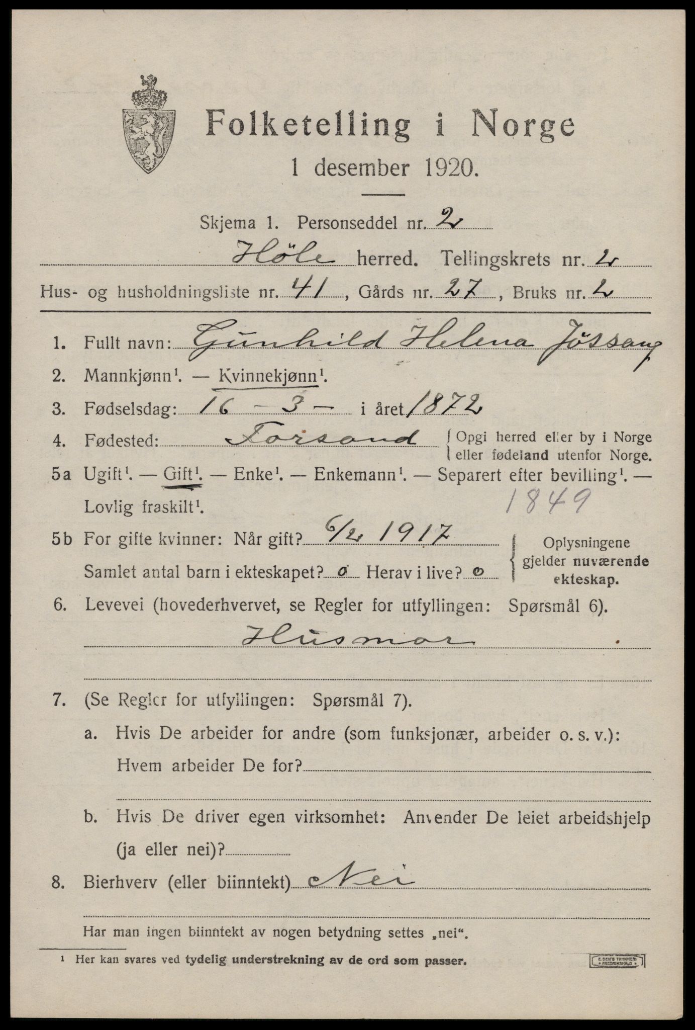 SAST, 1920 census for Høle, 1920, p. 1009