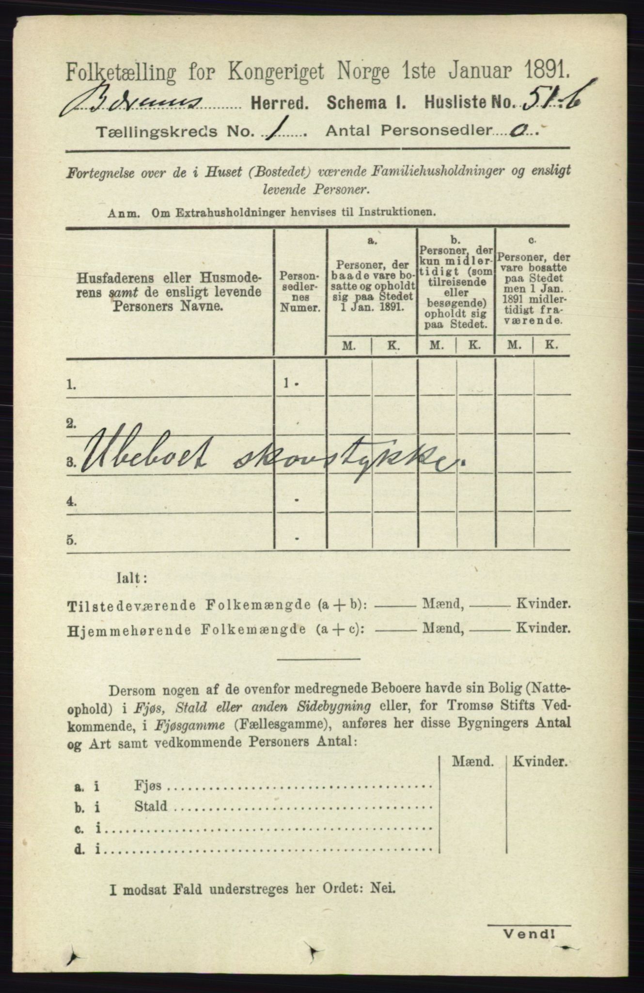 RA, 1891 census for 0219 Bærum, 1891, p. 95
