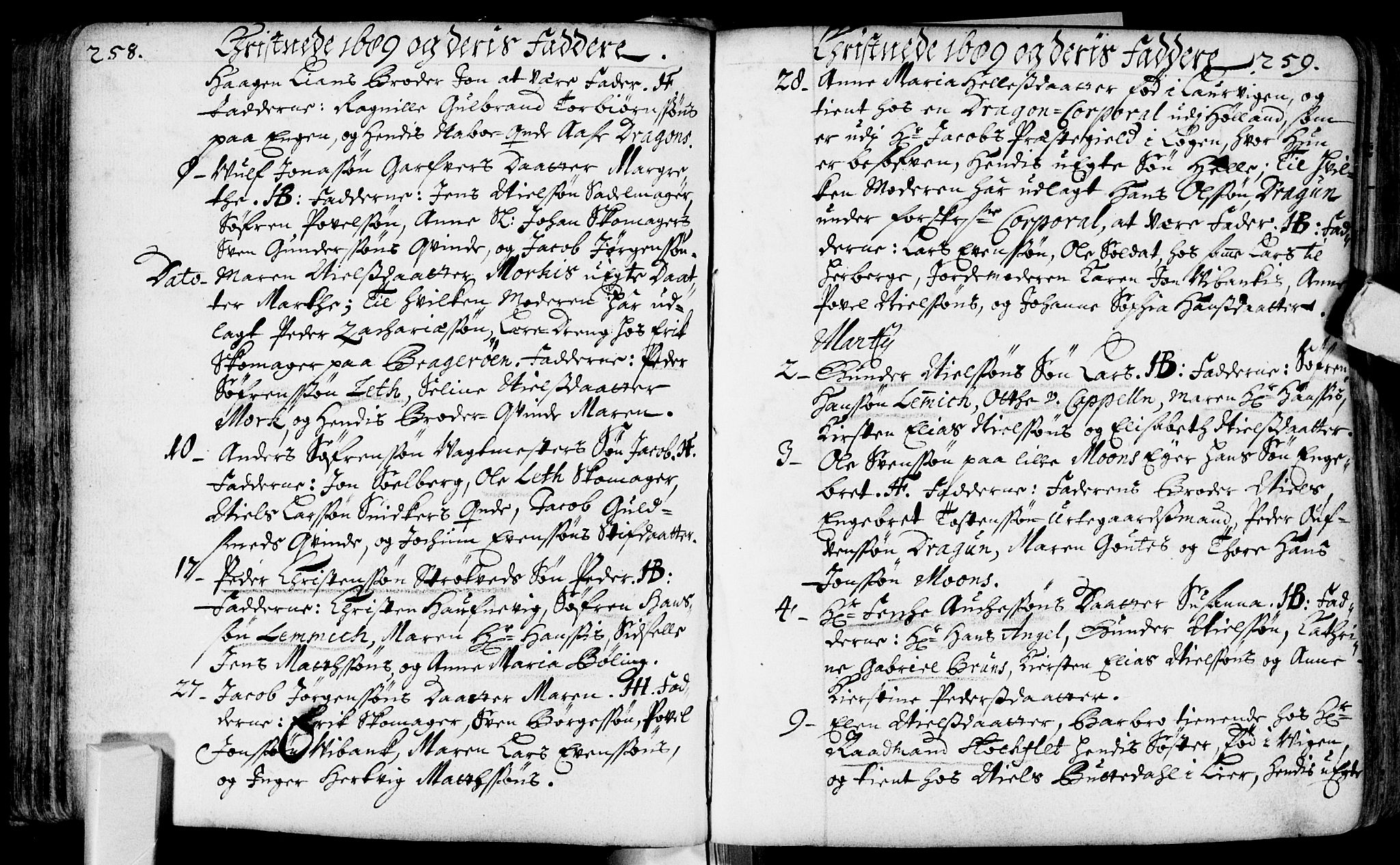 Bragernes kirkebøker, AV/SAKO-A-6/F/Fa/L0002: Parish register (official) no. I 2, 1680-1705, p. 258-259