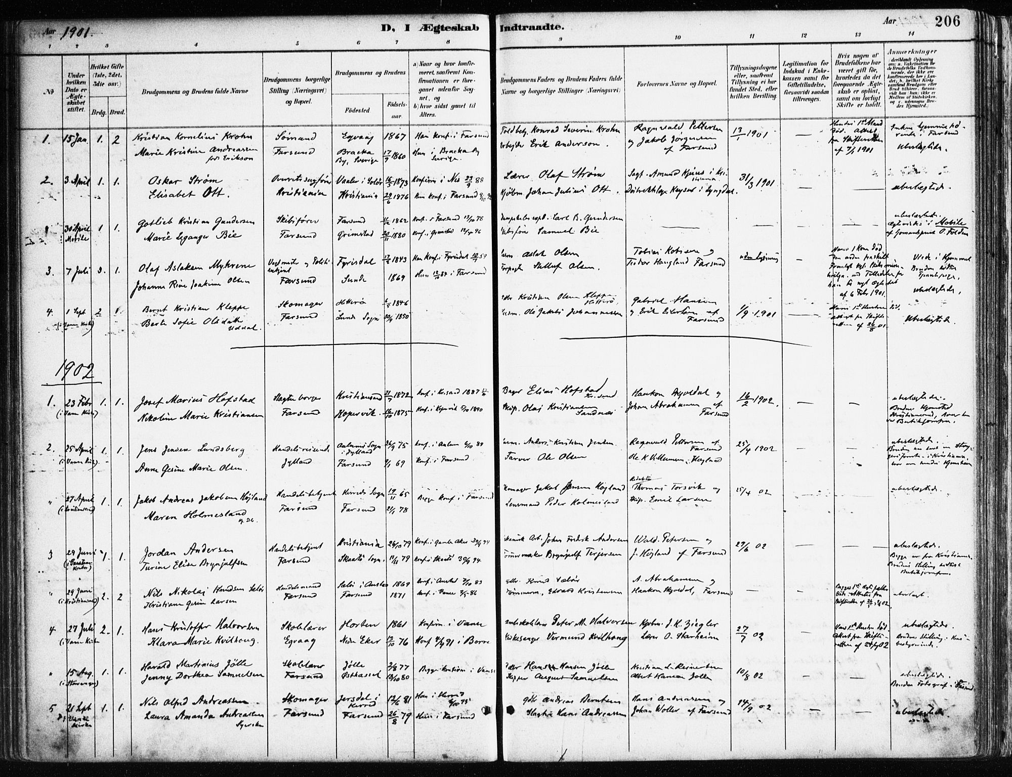 Farsund sokneprestkontor, SAK/1111-0009/F/Fa/L0006: Parish register (official) no. A 6, 1887-1920, p. 206