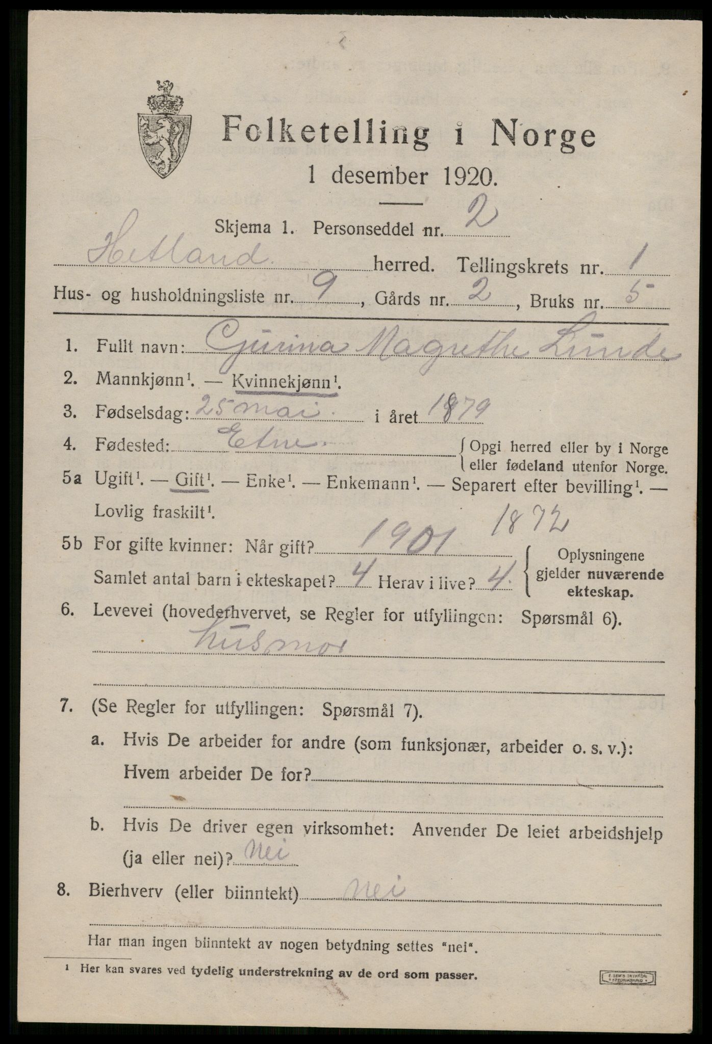 SAST, 1920 census for Hetland, 1920, p. 3655