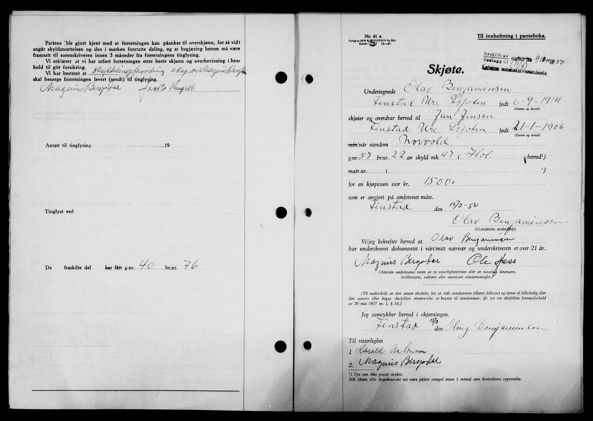 Lofoten sorenskriveri, SAT/A-0017/1/2/2C/L0023a: Mortgage book no. 23a, 1950-1950, Diary no: : 910/1950