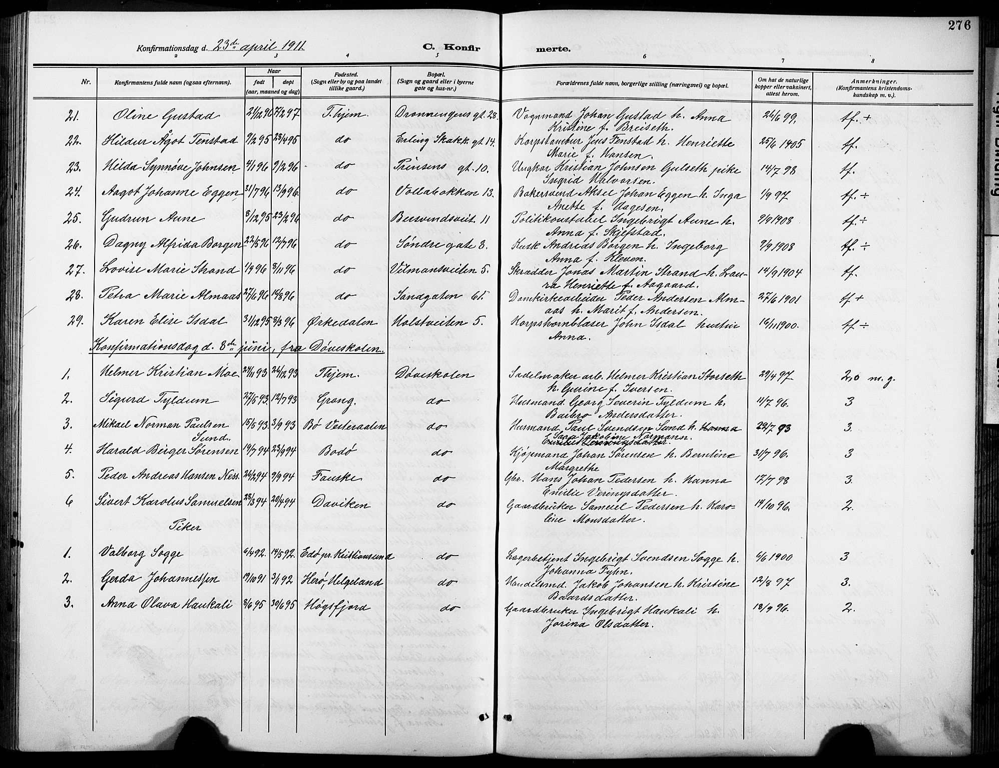 Ministerialprotokoller, klokkerbøker og fødselsregistre - Sør-Trøndelag, AV/SAT-A-1456/601/L0096: Parish register (copy) no. 601C14, 1911-1931, p. 276