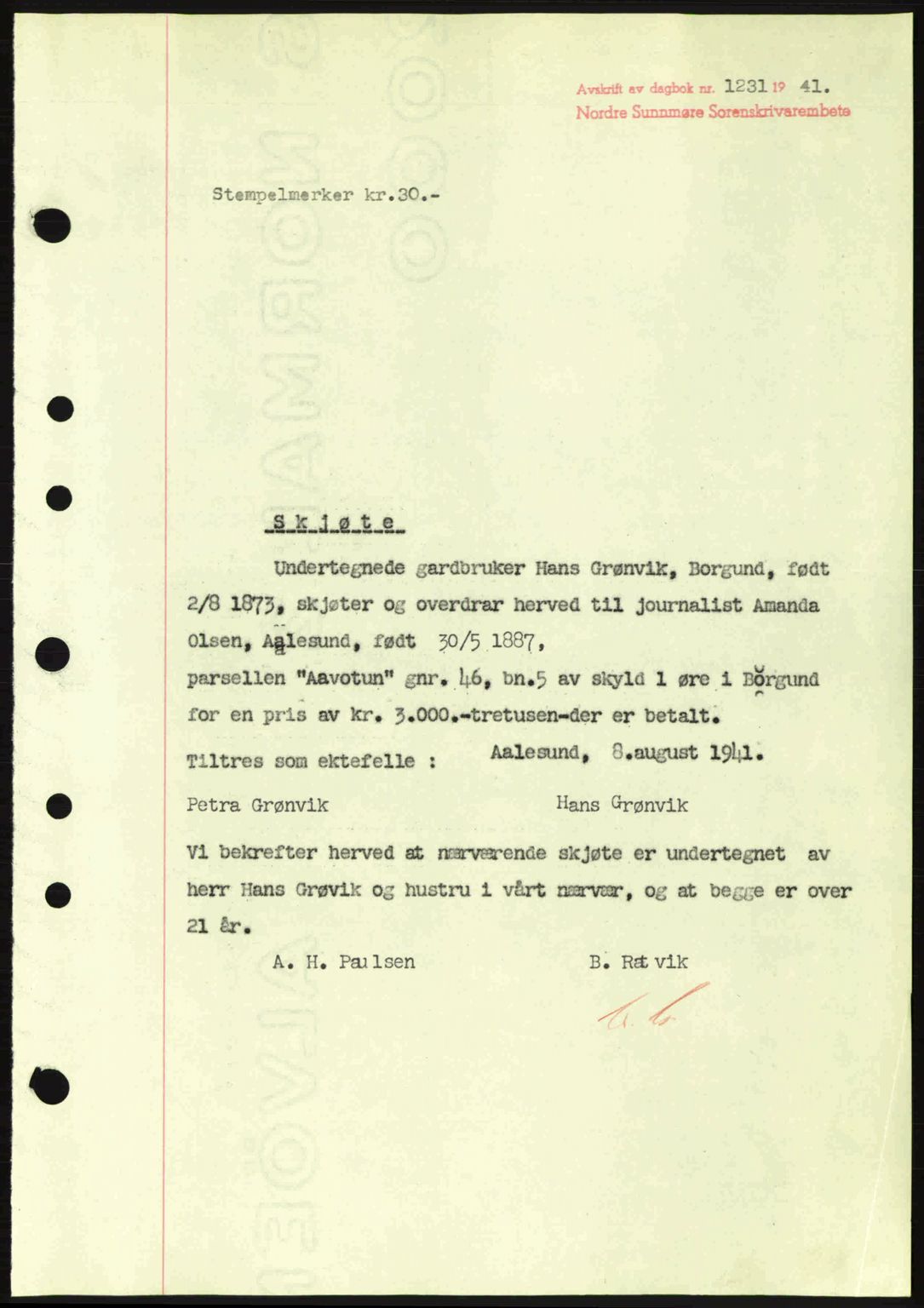 Nordre Sunnmøre sorenskriveri, SAT/A-0006/1/2/2C/2Ca: Mortgage book no. A11, 1941-1941, Diary no: : 1231/1941