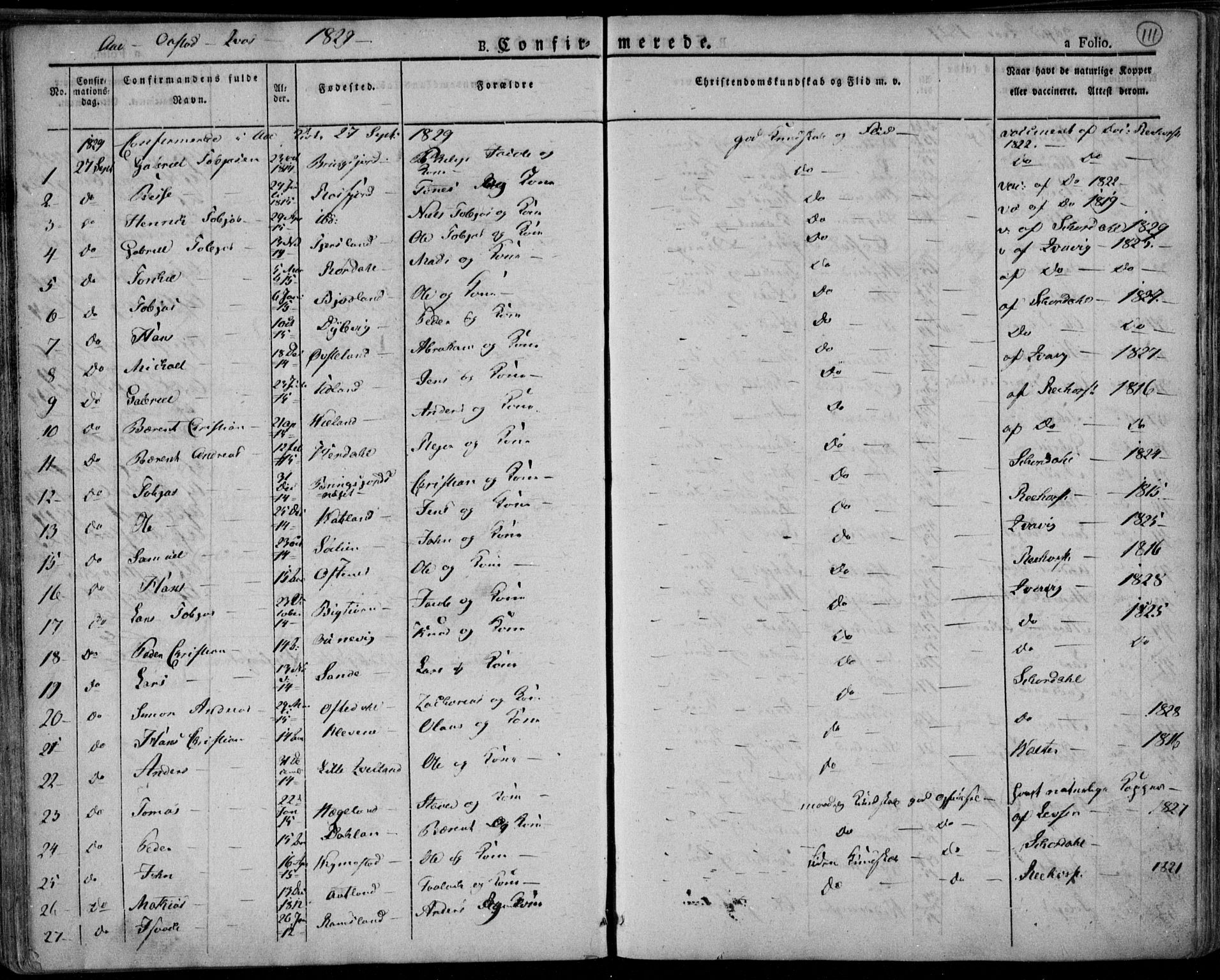 Lyngdal sokneprestkontor, AV/SAK-1111-0029/F/Fa/Fac/L0007: Parish register (official) no. A 7, 1825-1838, p. 111