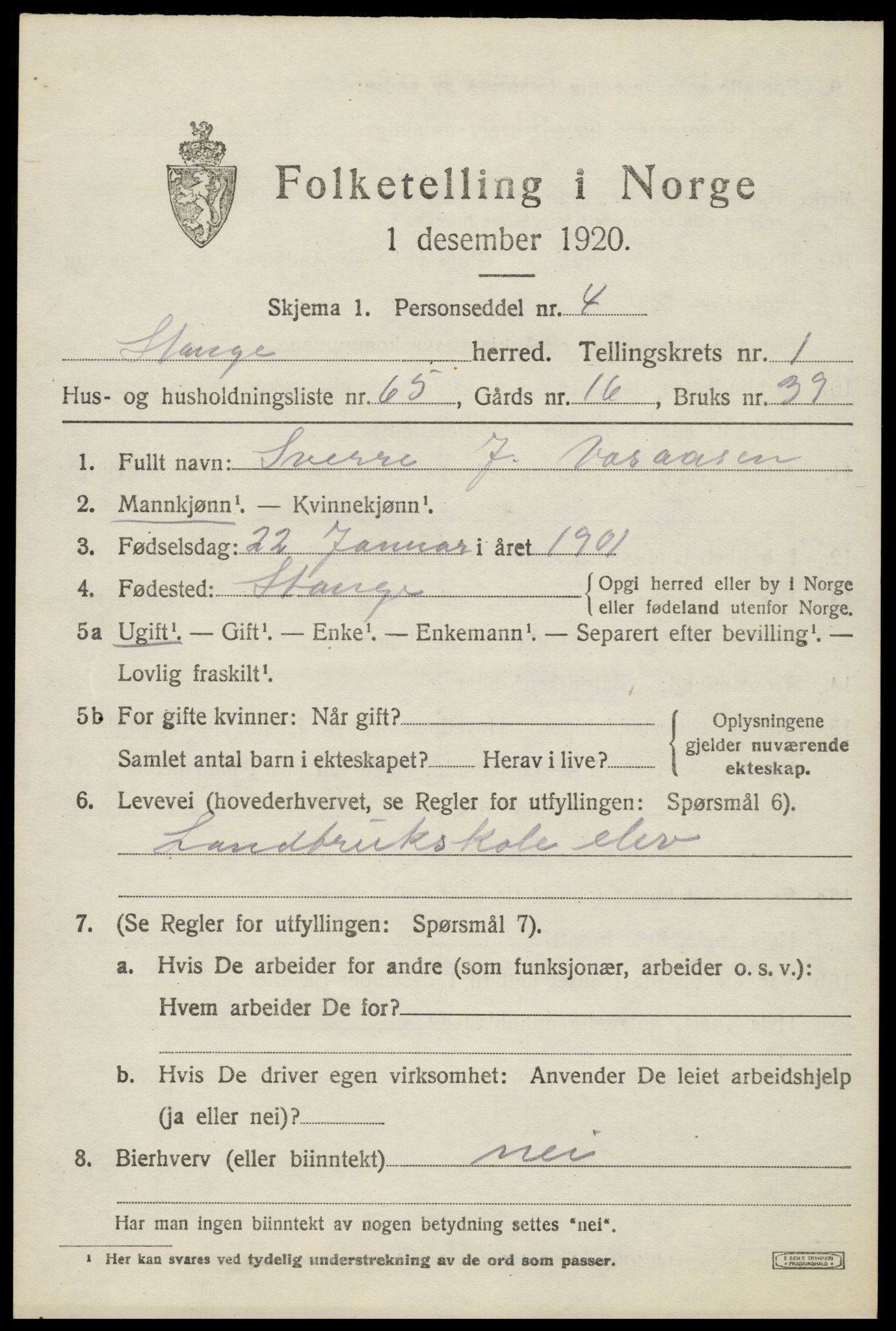 SAH, 1920 census for Stange, 1920, p. 3689