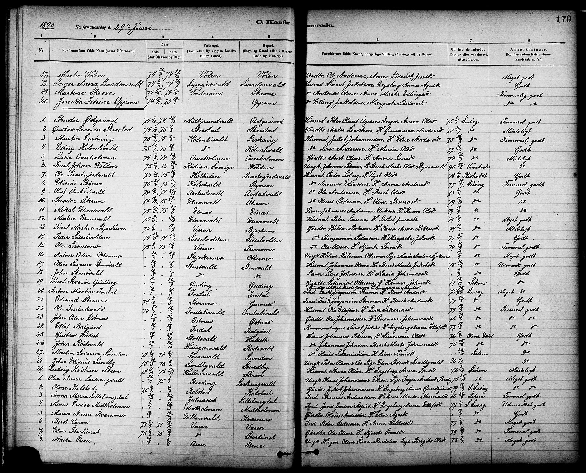 Ministerialprotokoller, klokkerbøker og fødselsregistre - Nord-Trøndelag, SAT/A-1458/724/L0267: Parish register (copy) no. 724C03, 1879-1898, p. 179