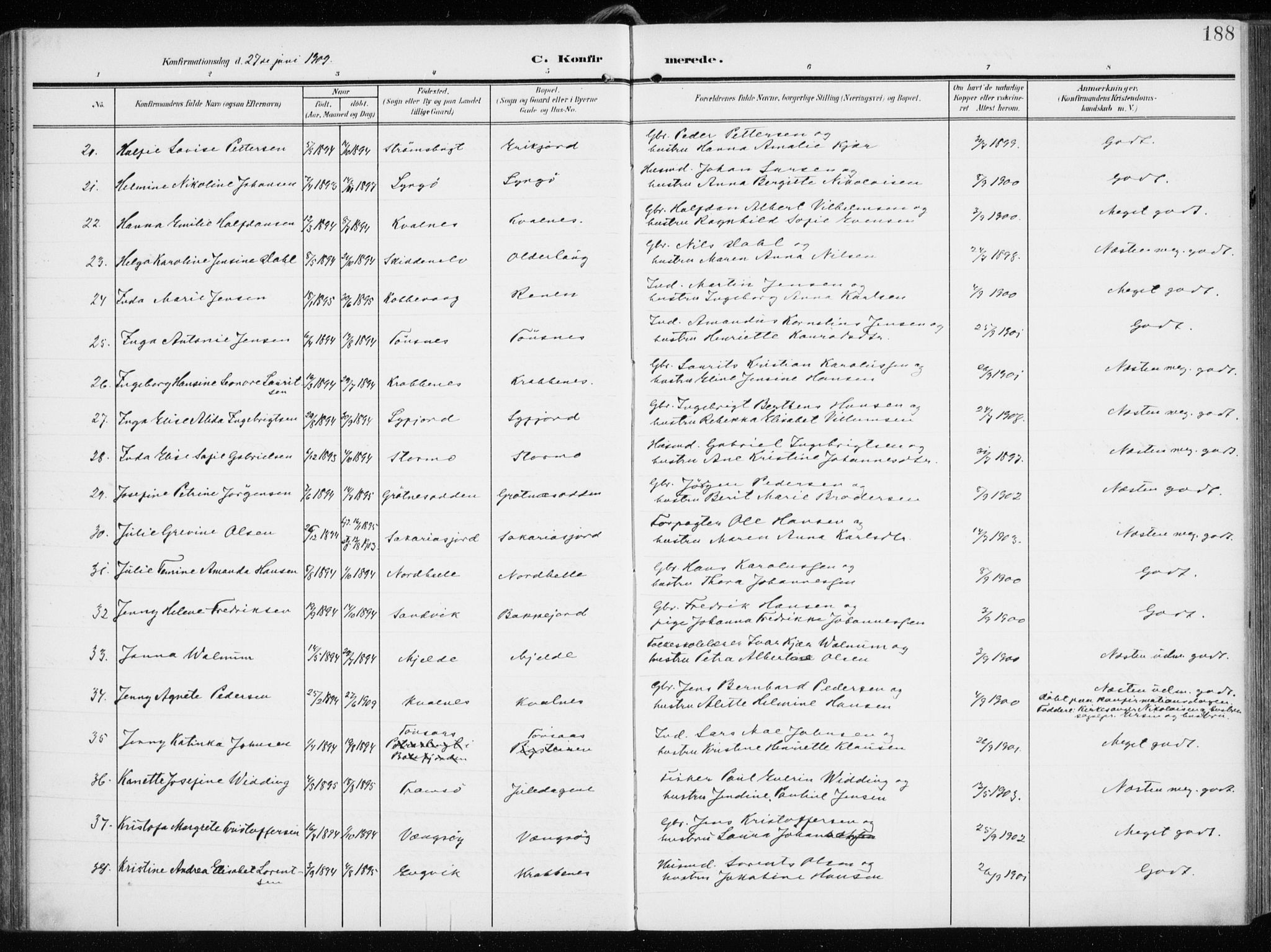 Tromsøysund sokneprestkontor, AV/SATØ-S-1304/G/Ga/L0007kirke: Parish register (official) no. 7, 1907-1914, p. 188