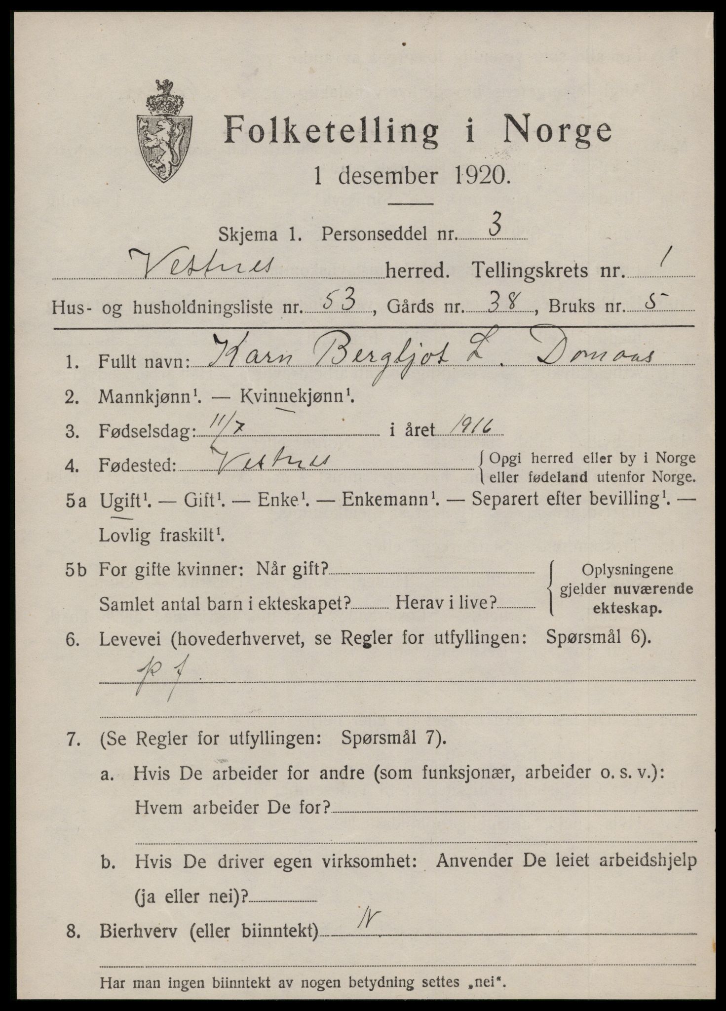 SAT, 1920 census for Vestnes, 1920, p. 1849