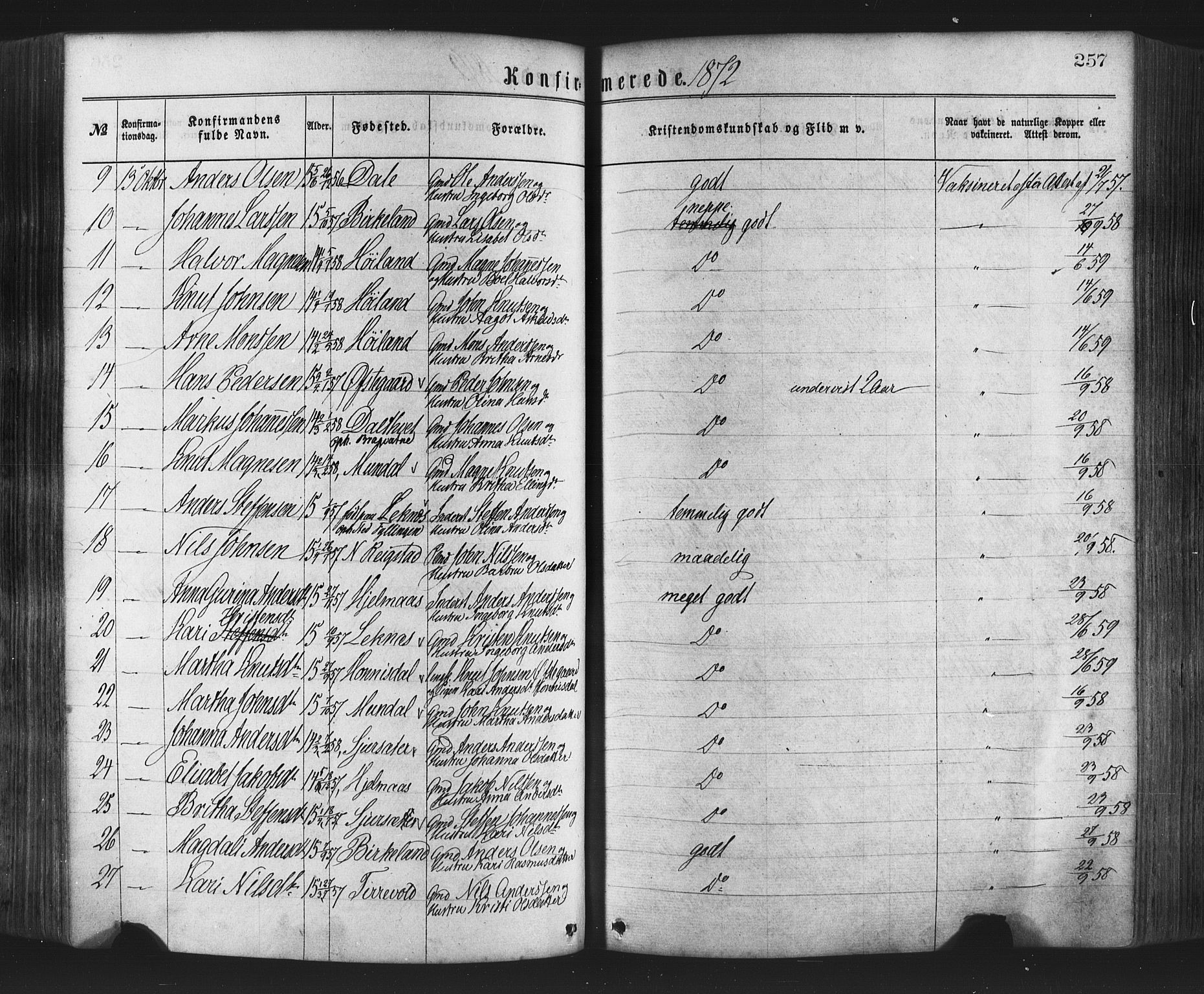 Hamre sokneprestembete, AV/SAB-A-75501/H/Ha/Haa/Haaa/L0015: Parish register (official) no. A 15, 1870-1881, p. 257