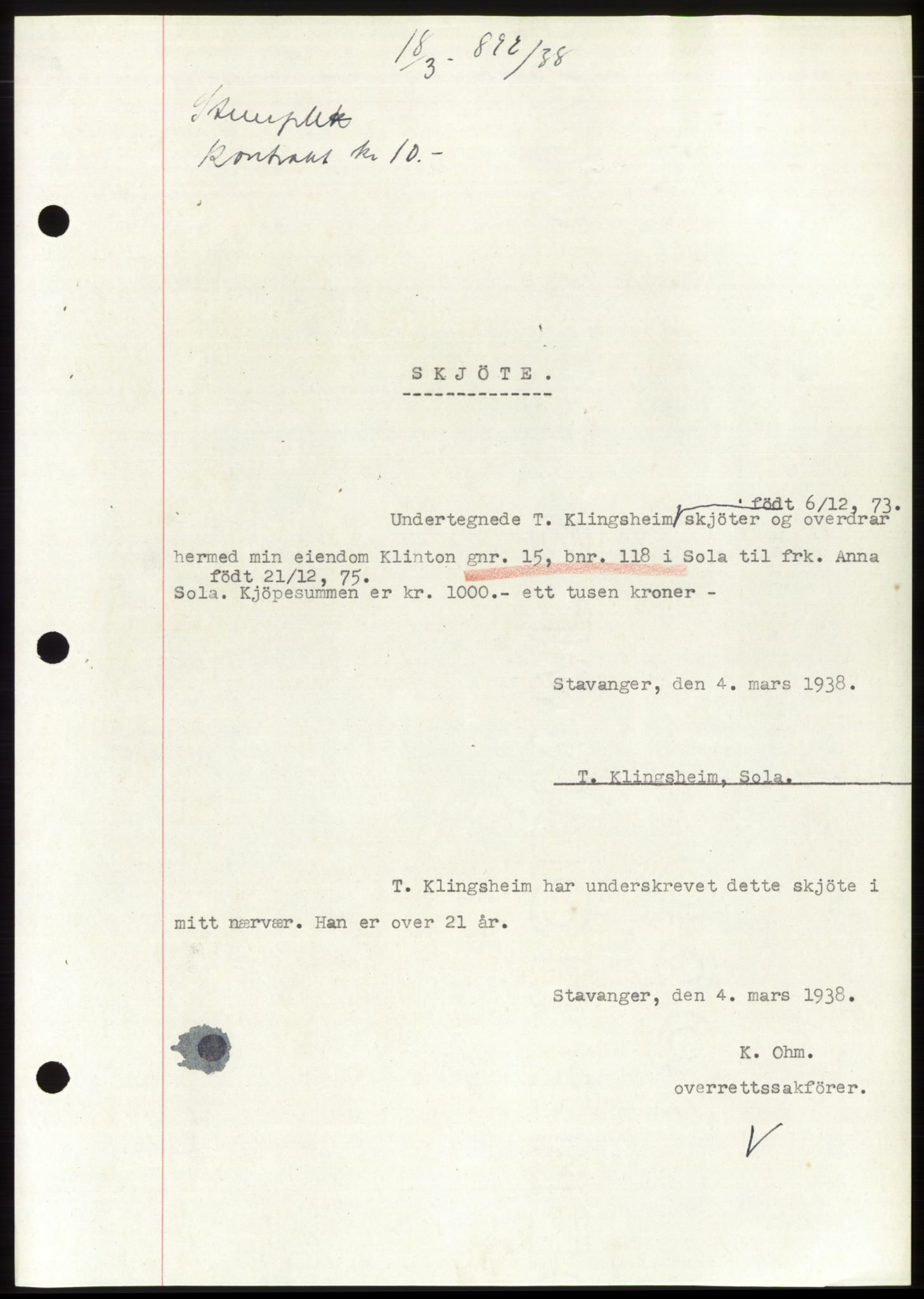 Jæren sorenskriveri, SAST/A-100310/03/G/Gba/L0070: Mortgage book, 1938-1938, Diary no: : 892/1938