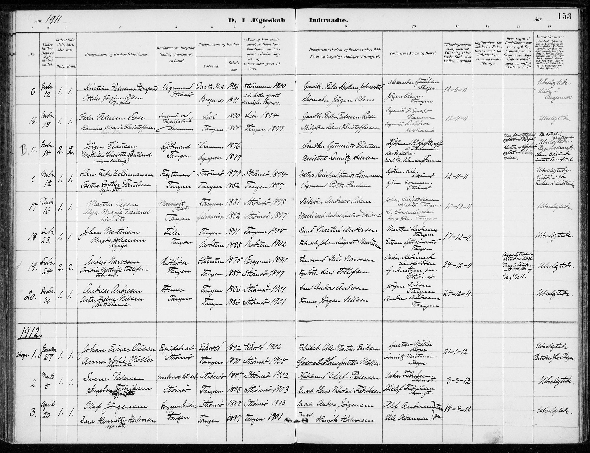 Strømsø kirkebøker, AV/SAKO-A-246/F/Fb/L0007: Parish register (official) no. II 7, 1887-1928, p. 153