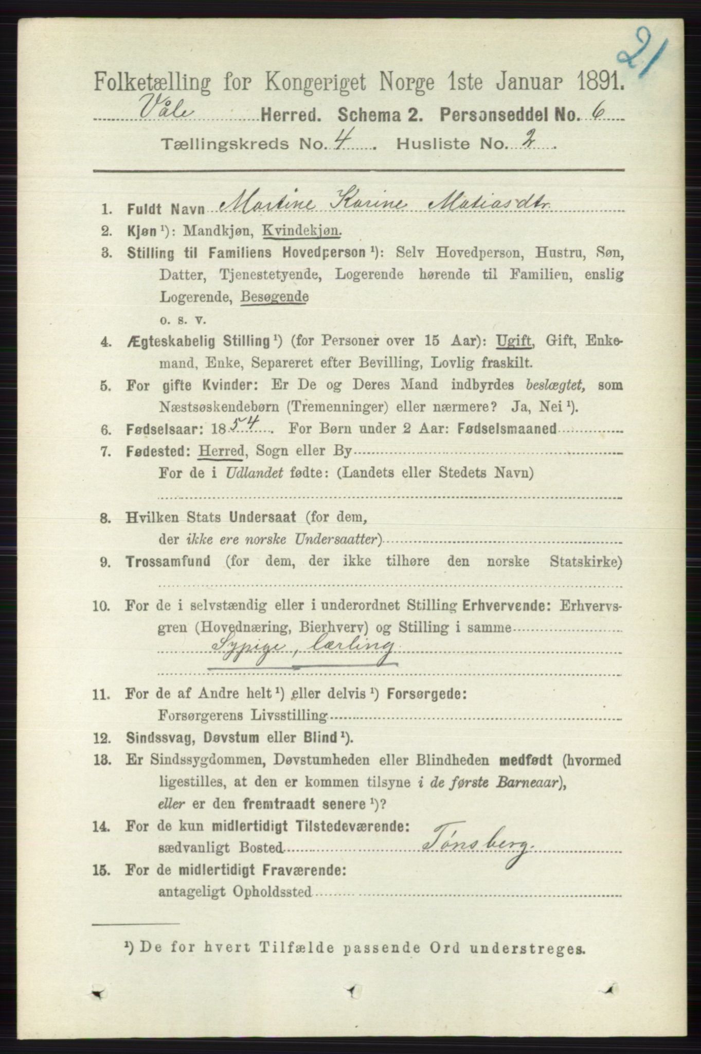 RA, 1891 census for 0716 Våle, 1891, p. 997