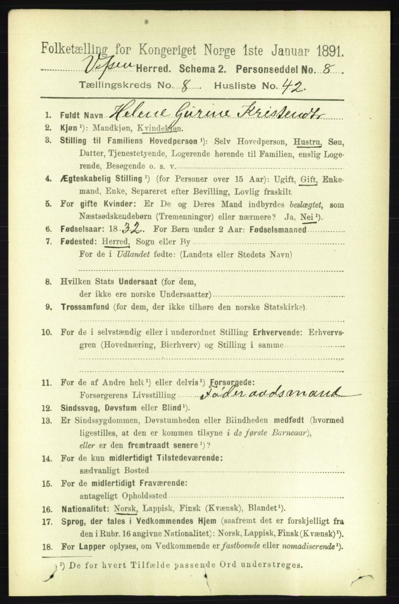RA, 1891 census for 1824 Vefsn, 1891, p. 4568