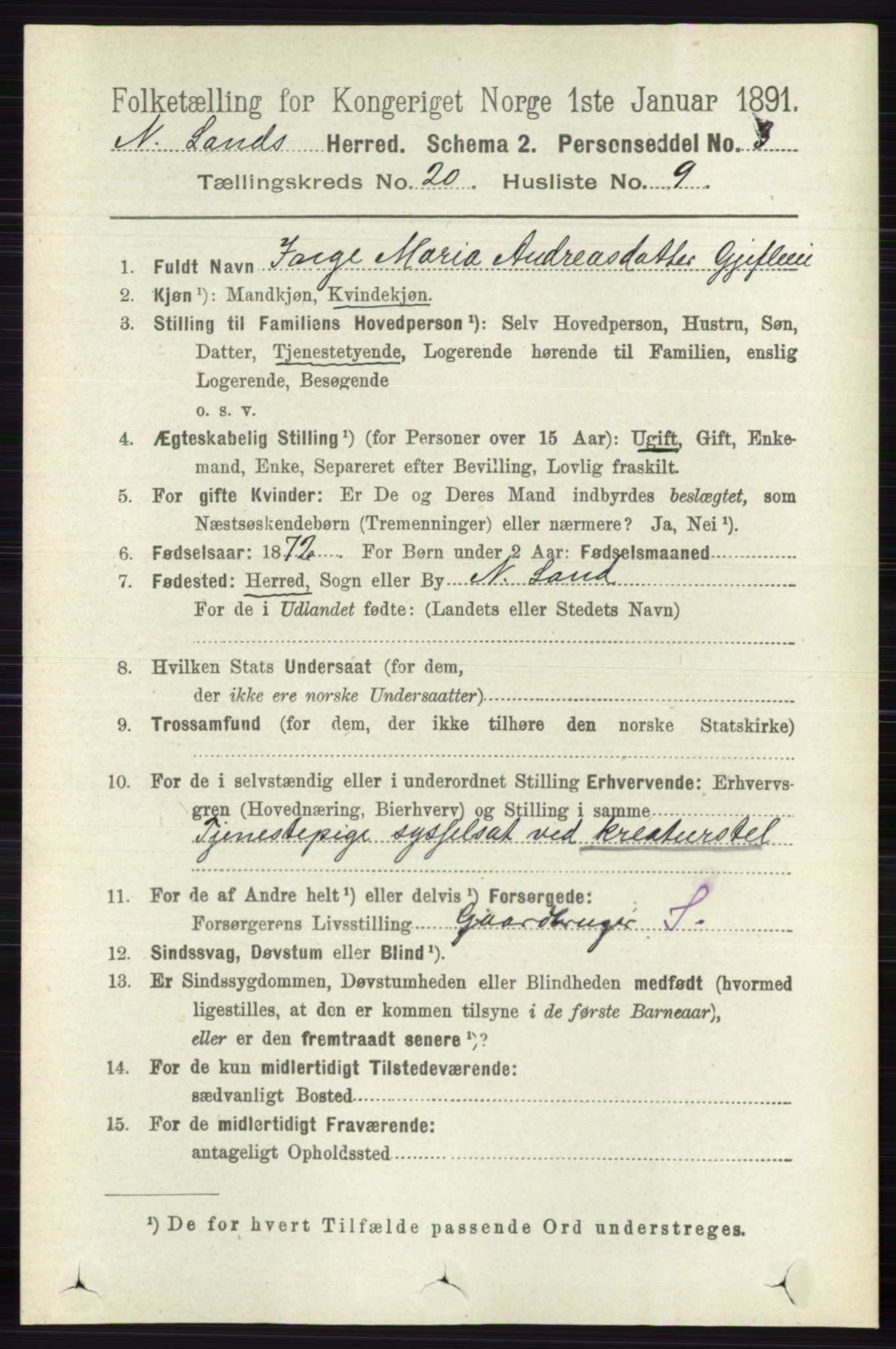 RA, 1891 census for 0538 Nordre Land, 1891, p. 4926