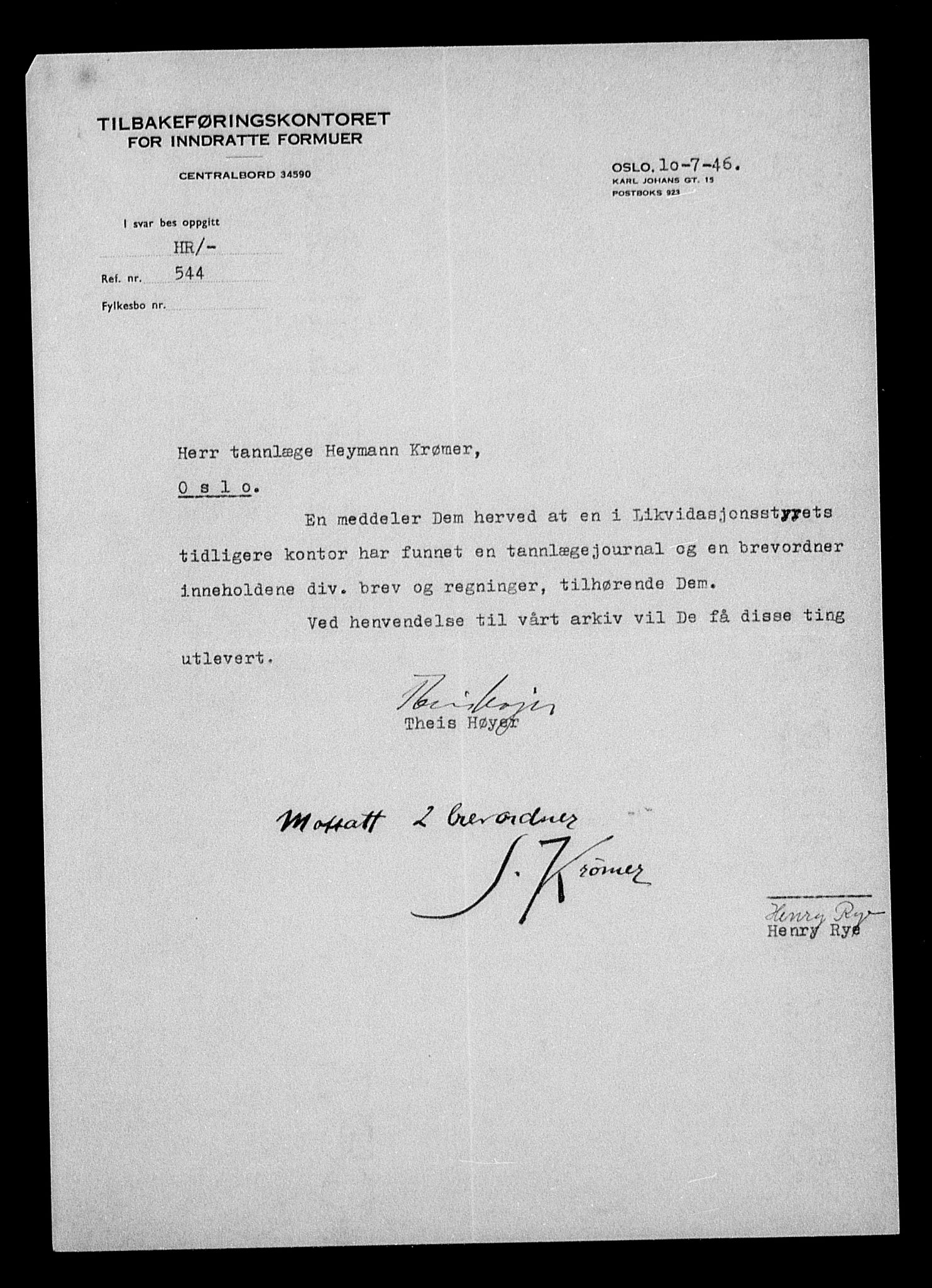 Justisdepartementet, Tilbakeføringskontoret for inndratte formuer, AV/RA-S-1564/H/Hc/Hcc/L0954: --, 1945-1947, p. 13