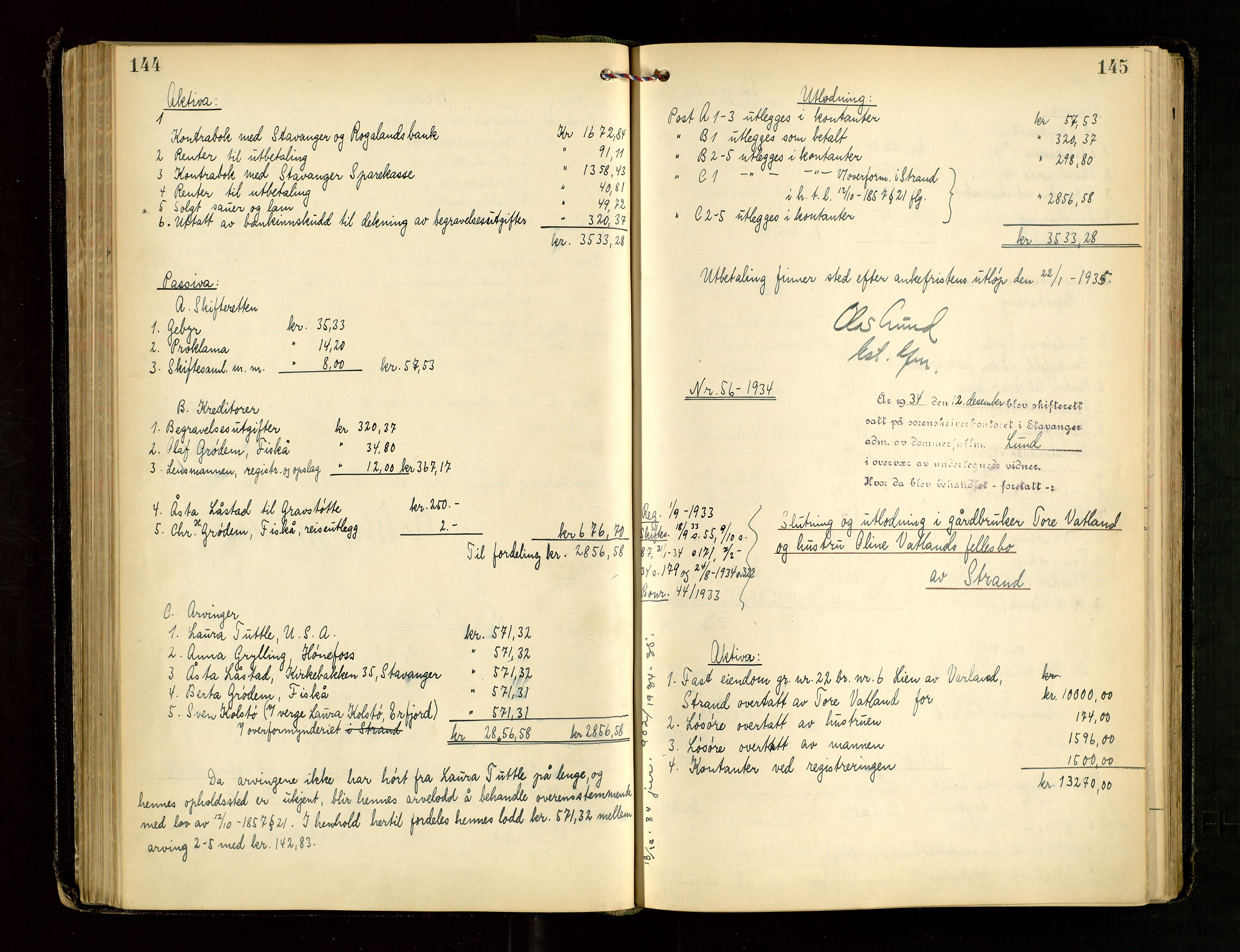 Ryfylke tingrett, AV/SAST-A-100055/001/IV/IVG/L0008: Skifteutlodningsprotokoll Med register, 1933-1939, p. 144-145