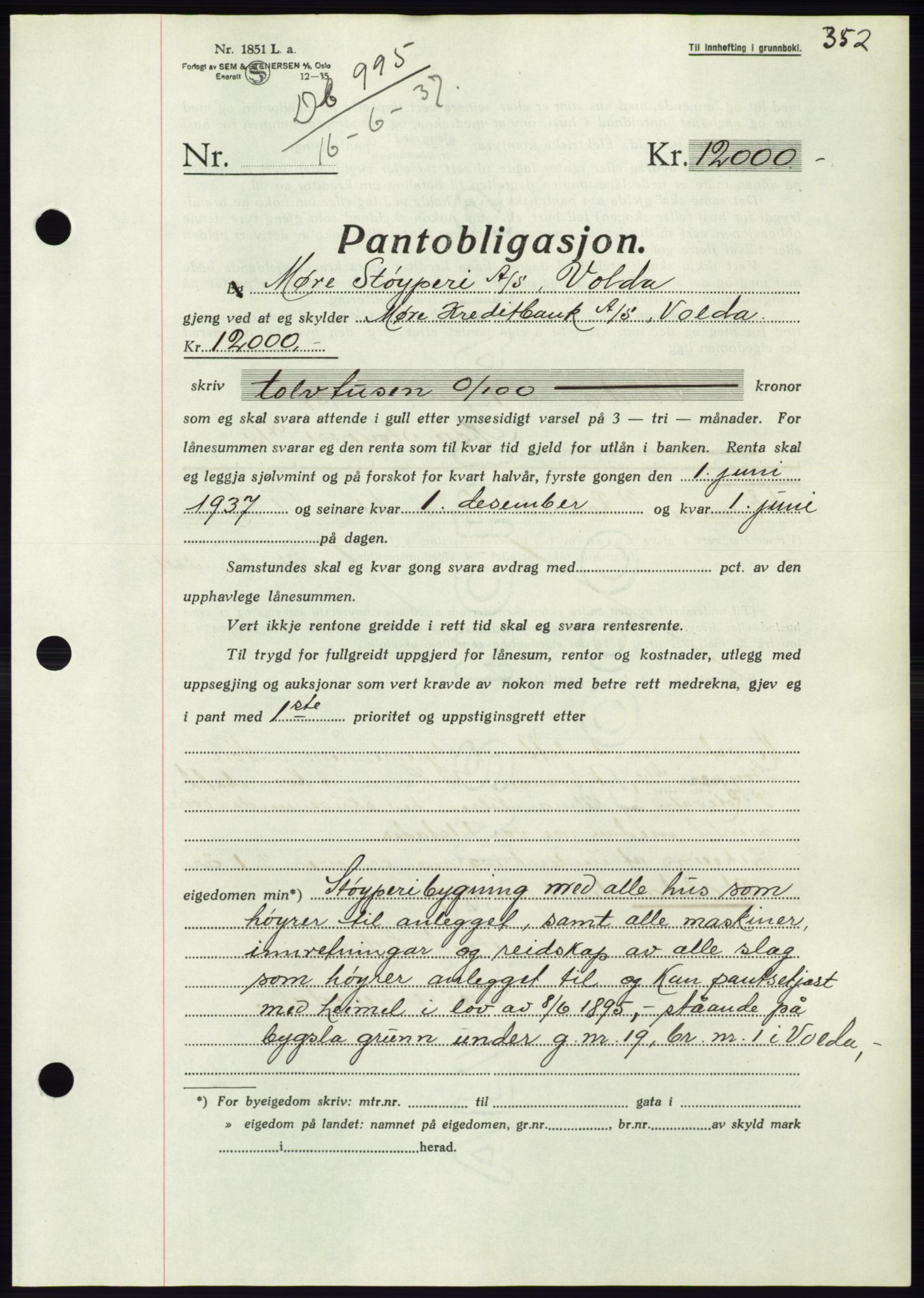 Søre Sunnmøre sorenskriveri, AV/SAT-A-4122/1/2/2C/L0063: Mortgage book no. 57, 1937-1937, Diary no: : 995/1937