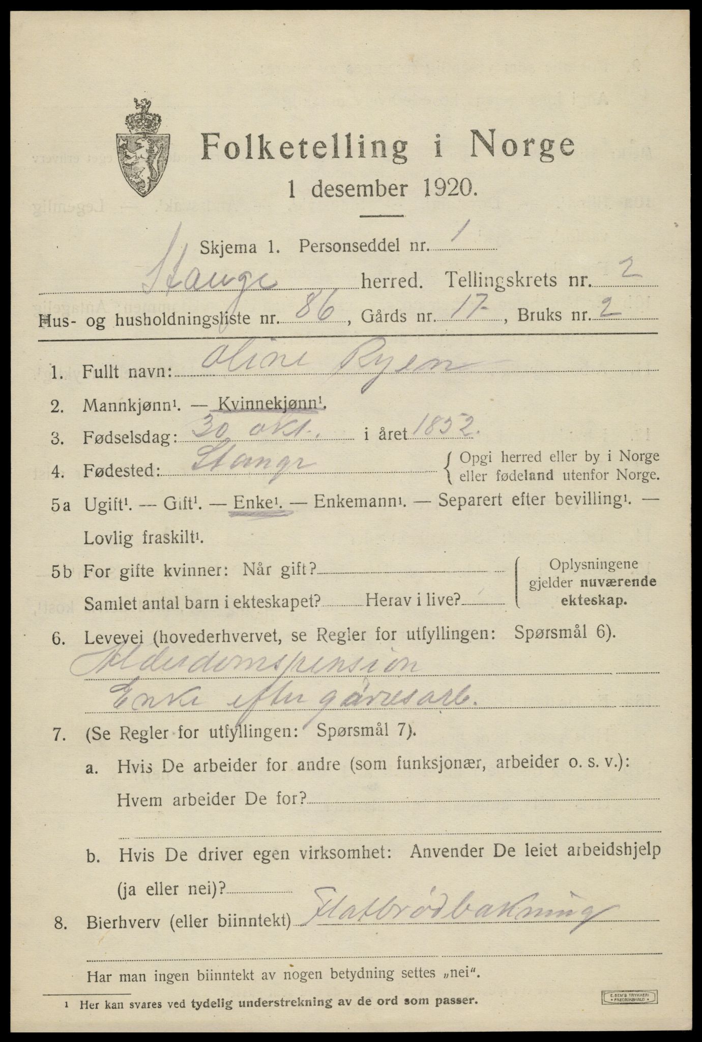 SAH, 1920 census for Stange, 1920, p. 5197