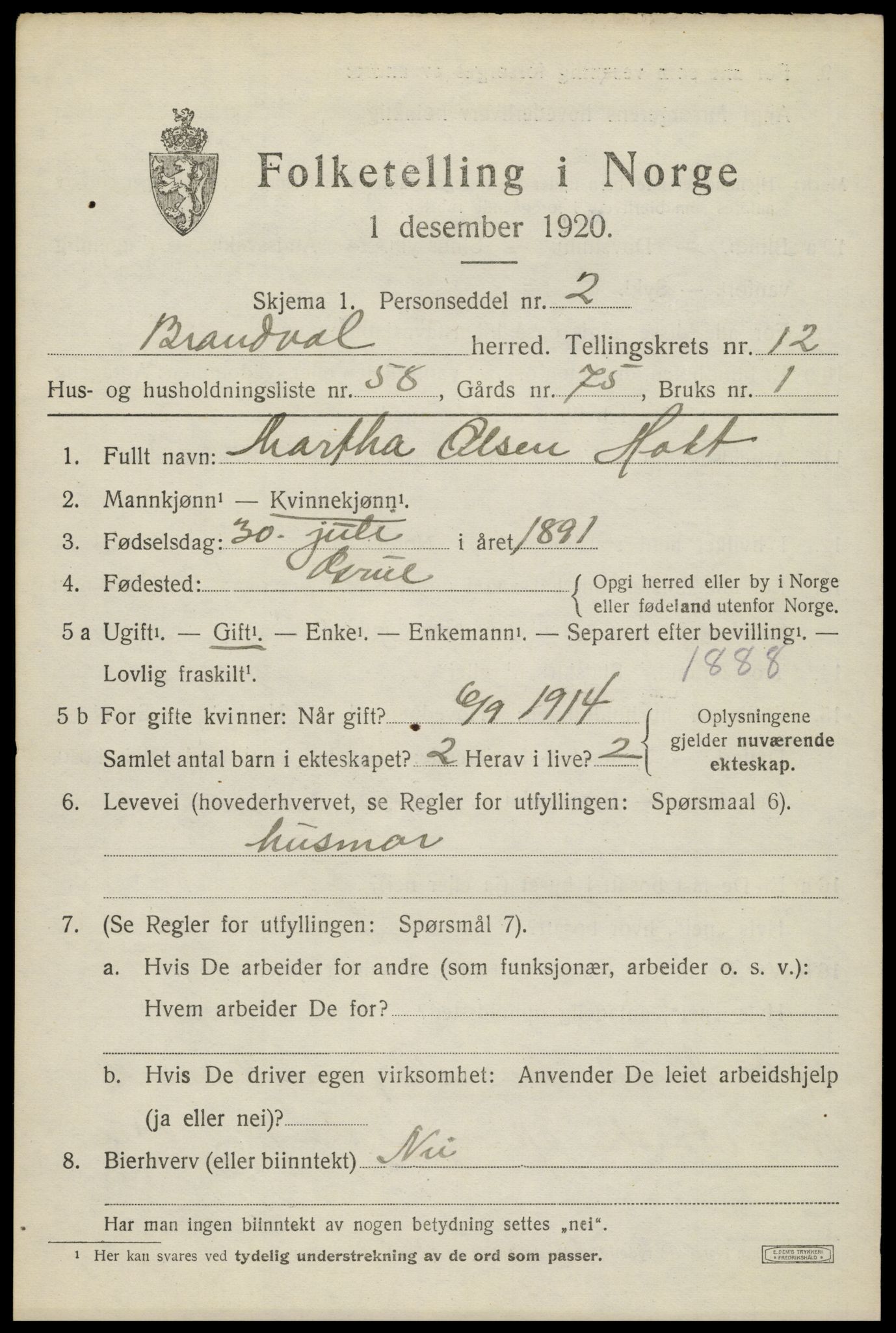 SAH, 1920 census for Brandval, 1920, p. 9132