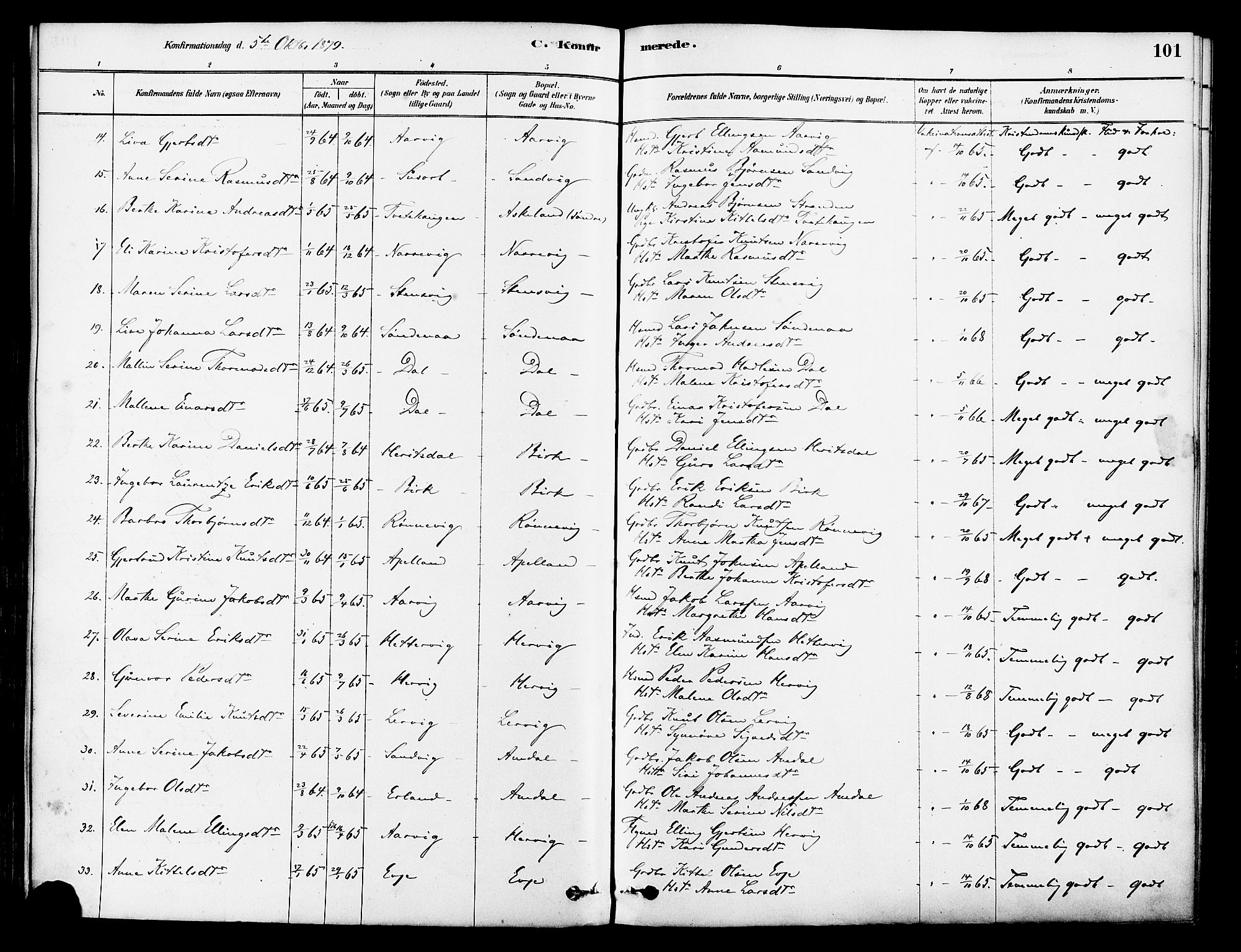 Tysvær sokneprestkontor, SAST/A -101864/H/Ha/Haa/L0006: Parish register (official) no. A 6, 1878-1896, p. 101