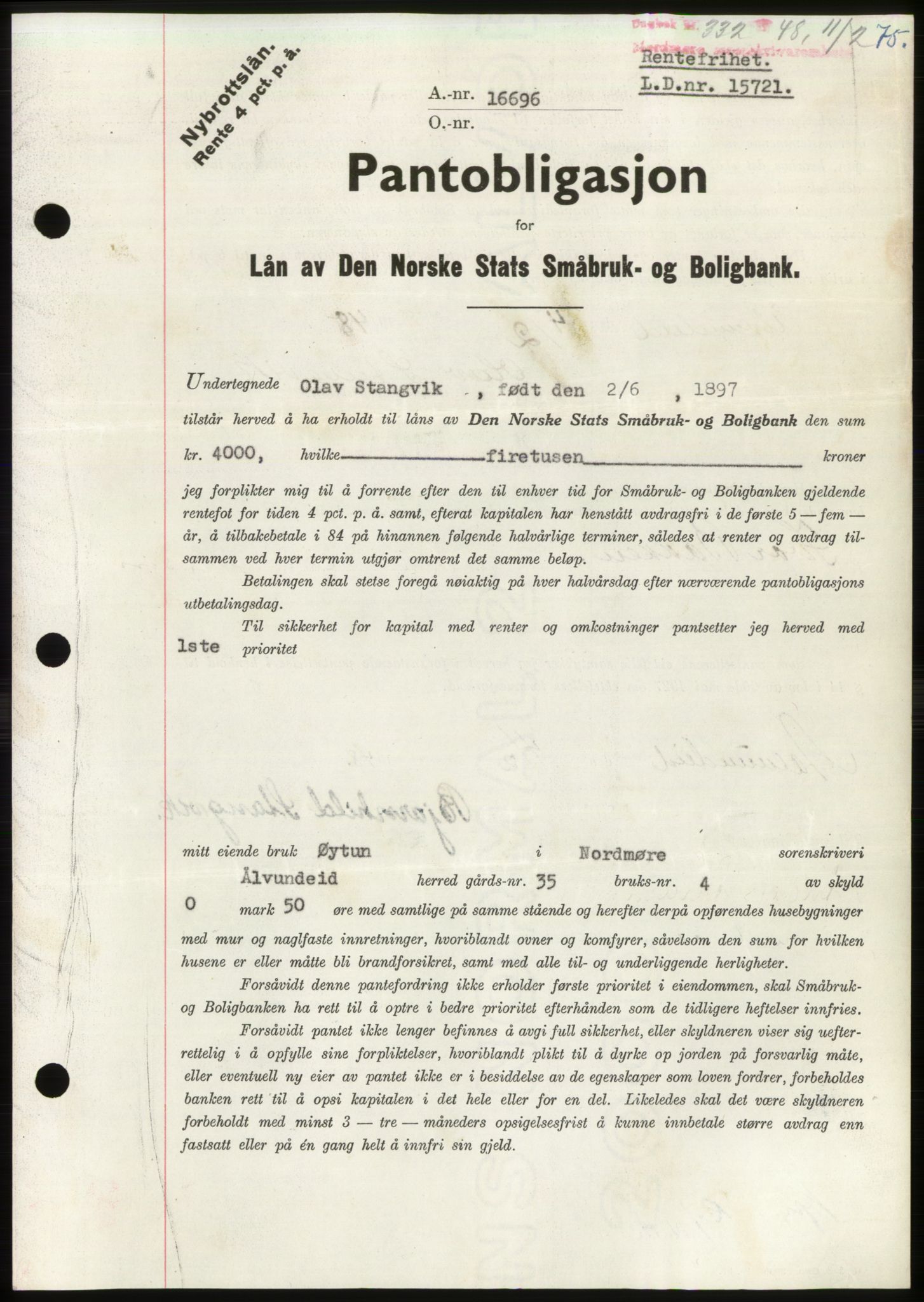 Nordmøre sorenskriveri, AV/SAT-A-4132/1/2/2Ca: Mortgage book no. B98, 1948-1948, Diary no: : 332/1948